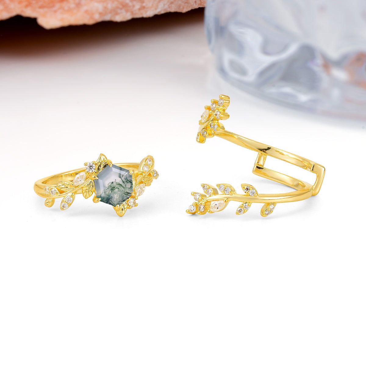 Nature-Inspired Luxury: 6-Prong Hexagonal Cut Moss Agate Bridal Ring Set - Additional view