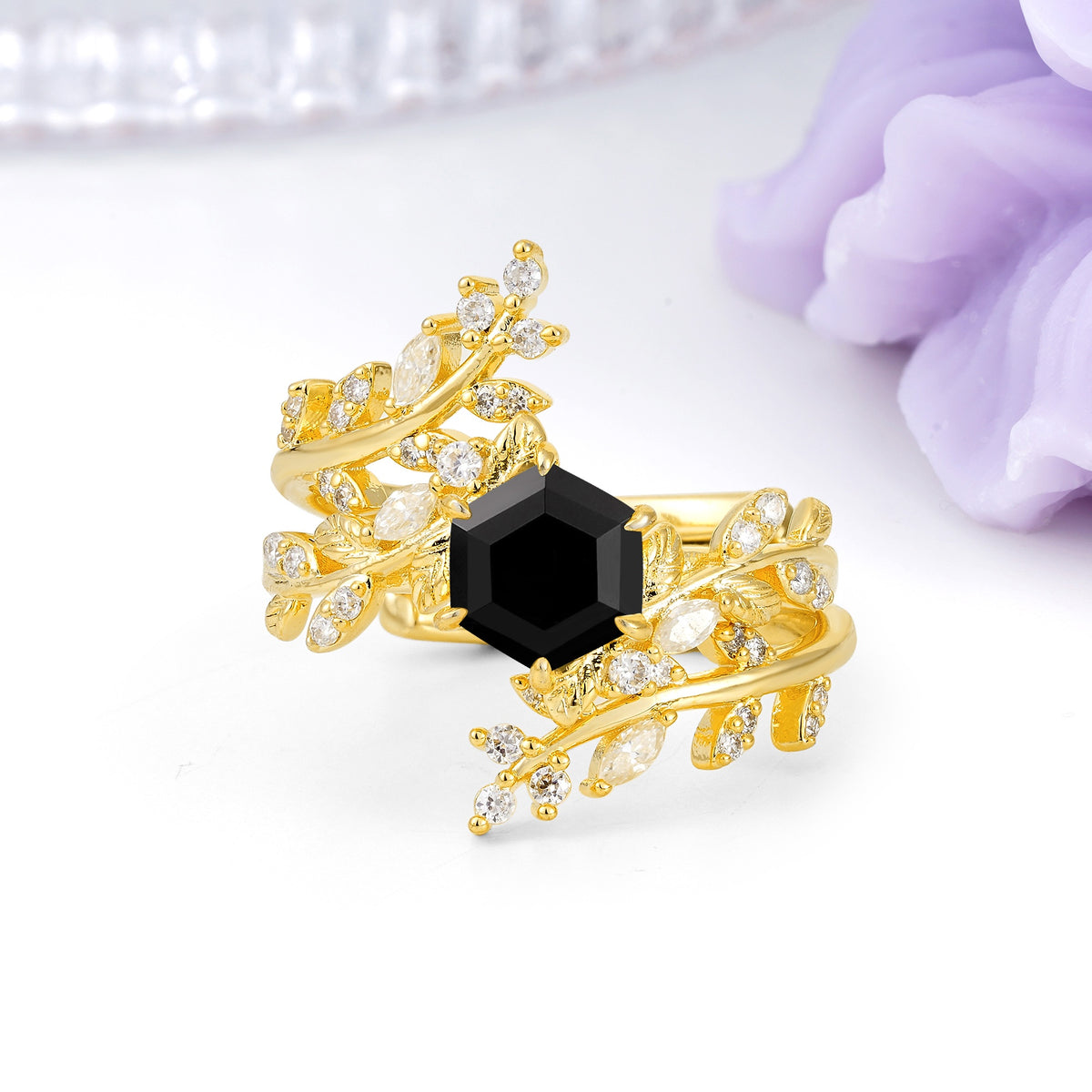 Nature-Inspired Luxury: 6-Prong Hexagonal Cut Black Onyx Bridal Ring Set - Additional view