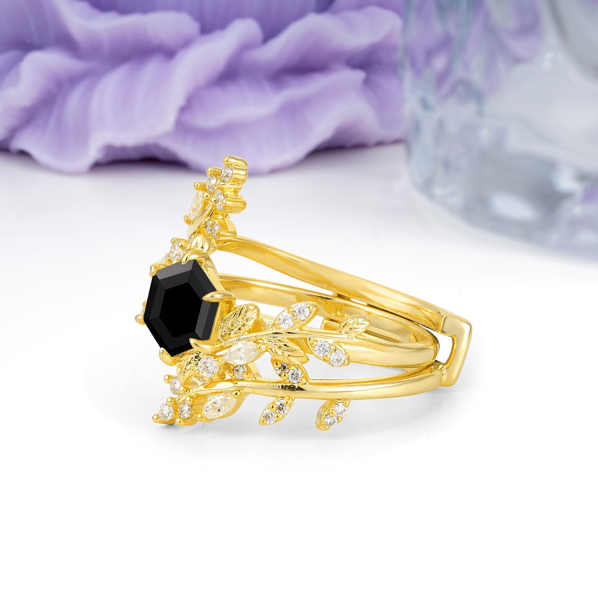 Nature-Inspired Luxury: 6-Prong Hexagonal Cut Black Onyx Bridal Ring Set - Additional view