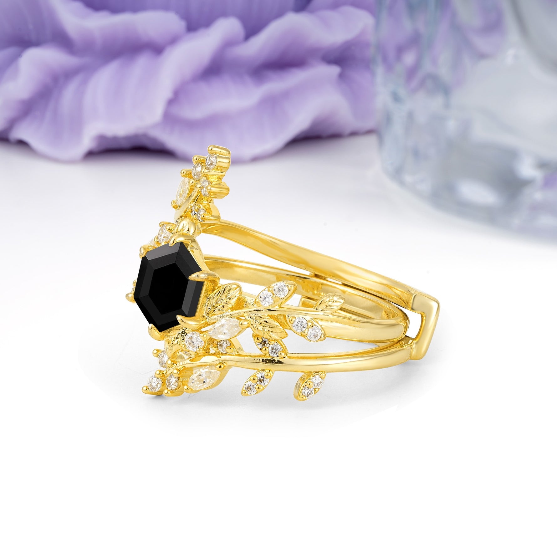 Nature-Inspired Luxury: 6-Prong Hexagonal Cut Black Onyx Bridal Ring Set - Additional view
