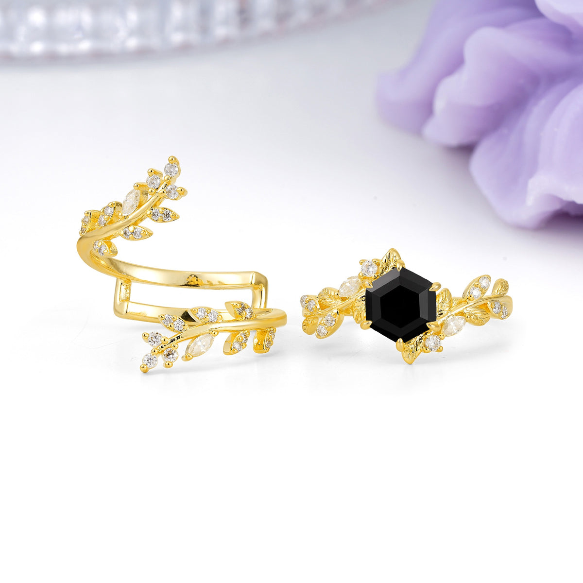 Nature-Inspired Luxury: 6-Prong Hexagonal Cut Black Onyx Bridal Ring Set - Additional view