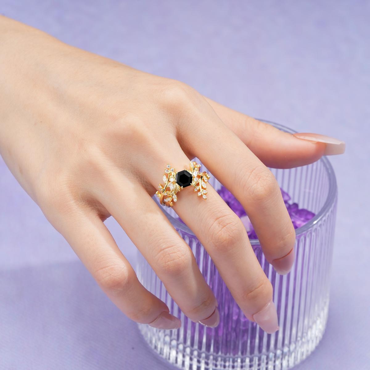Nature-Inspired Luxury: 6-Prong Hexagonal Cut Black Onyx Bridal Ring Set