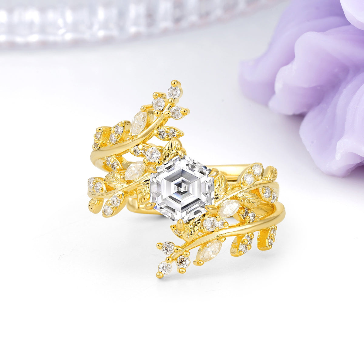 Nature-Inspired Luxury: 6-Prong Hexagonal Cut Lab Diamond Bridal Ring Set - Additional view