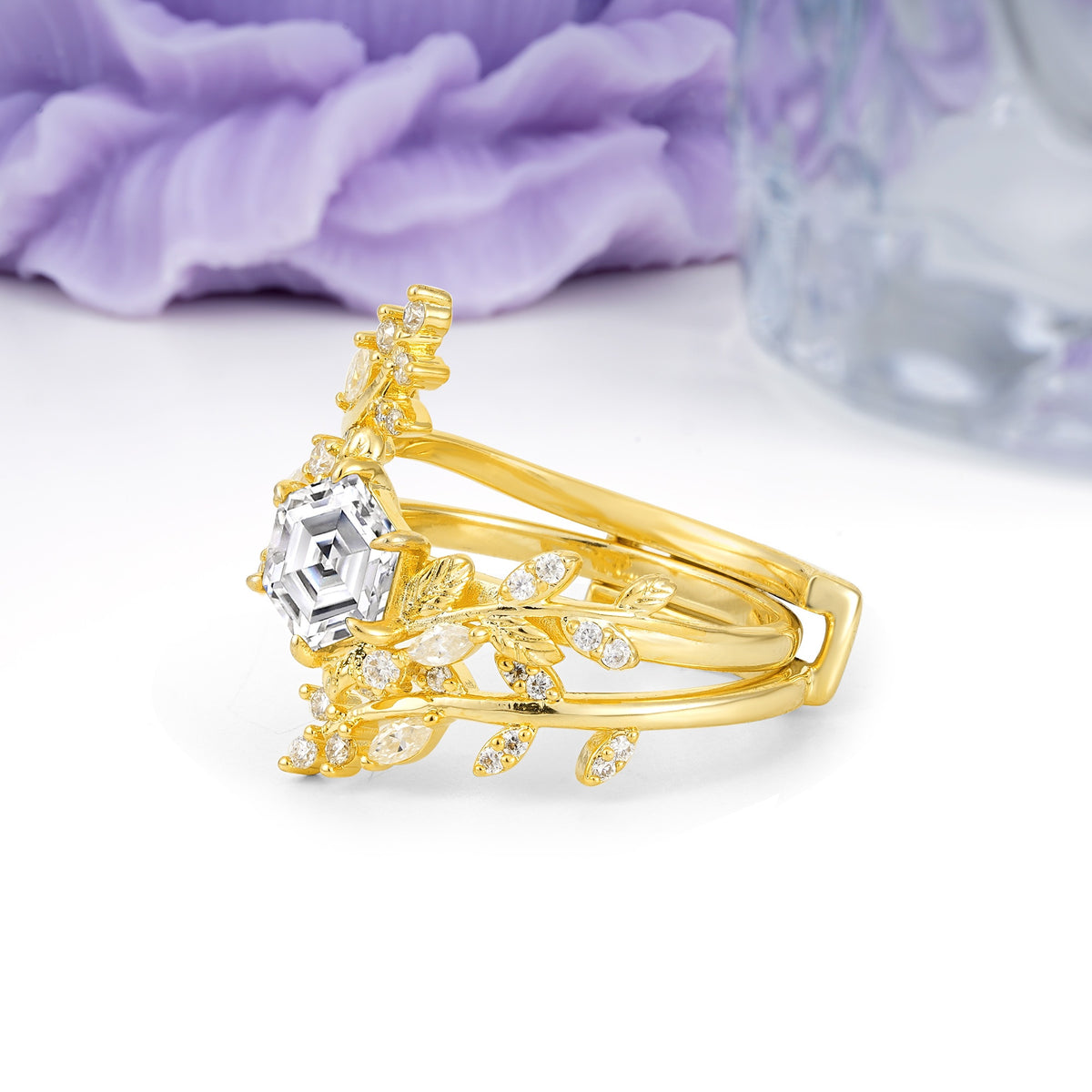 Nature-Inspired Luxury: 6-Prong Hexagonal Cut Lab Diamond Bridal Ring Set - Additional view