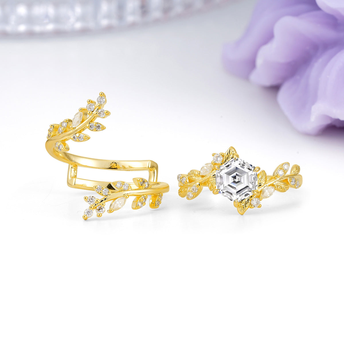 Nature-Inspired Luxury: 6-Prong Hexagonal Cut Lab Diamond Bridal Ring Set - Additional view