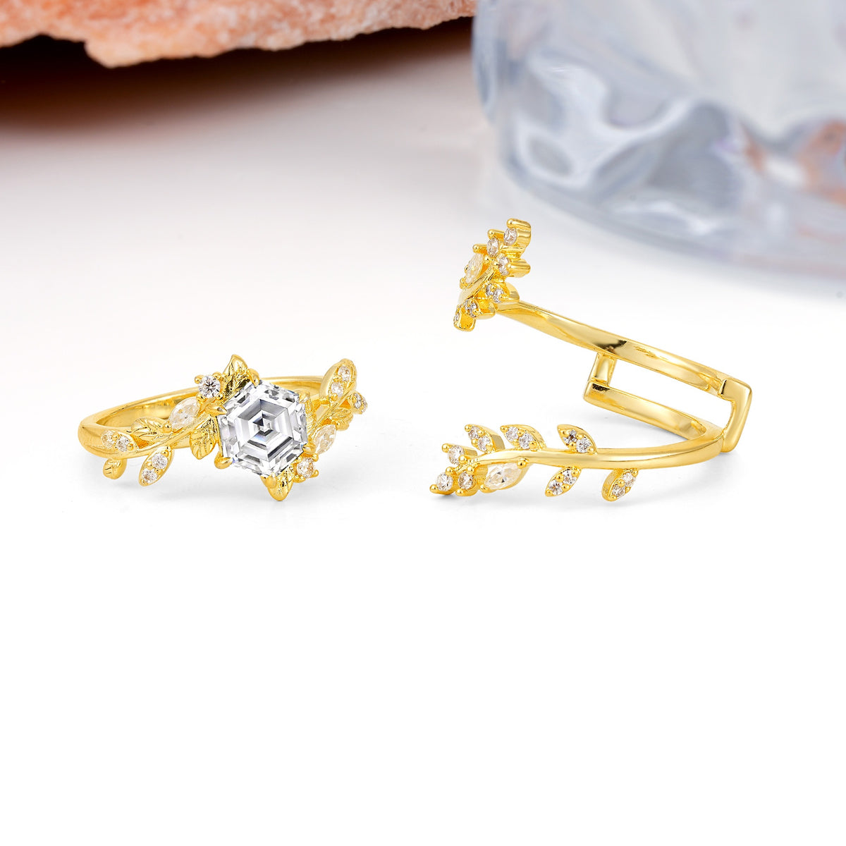 Nature-Inspired Luxury: 6-Prong Hexagonal Cut Lab Diamond Bridal Ring Set - Additional view