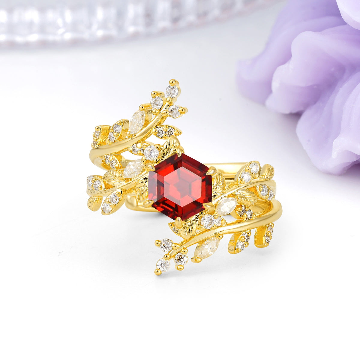Nature-Inspired Luxury: 6-Prong Hexagonal Cut Garnet Bridal Ring Set - Additional view