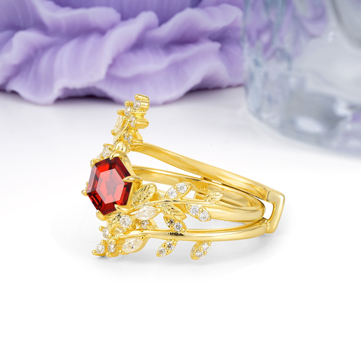 Nature-Inspired Luxury: 6-Prong Hexagonal Cut Garnet Bridal Ring Set - Additional view
