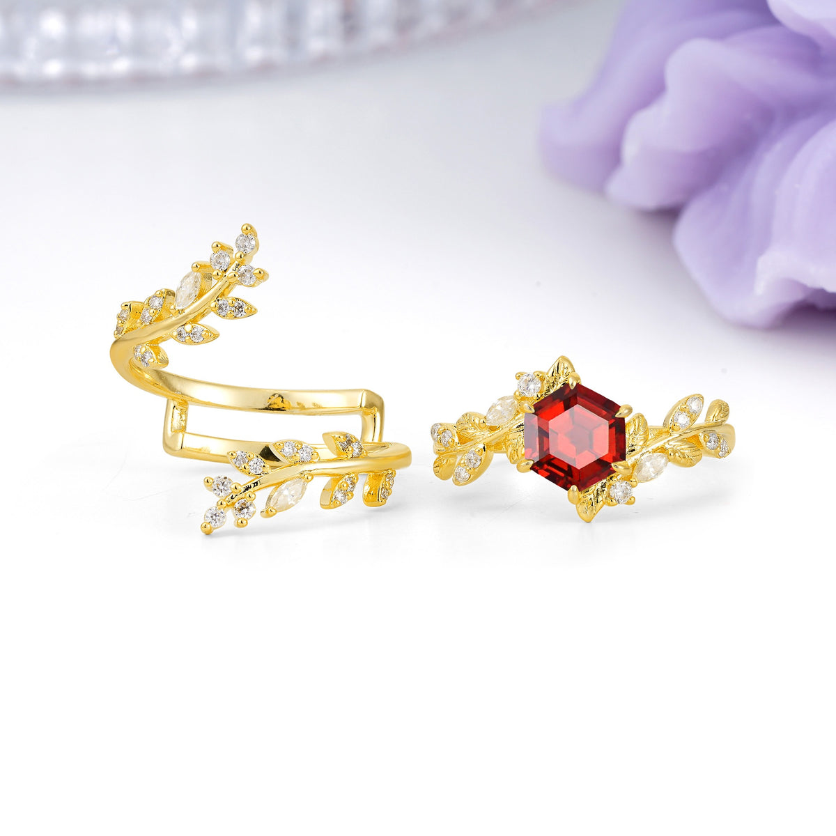 Nature-Inspired Luxury: 6-Prong Hexagonal Cut Garnet Bridal Ring Set - Additional view