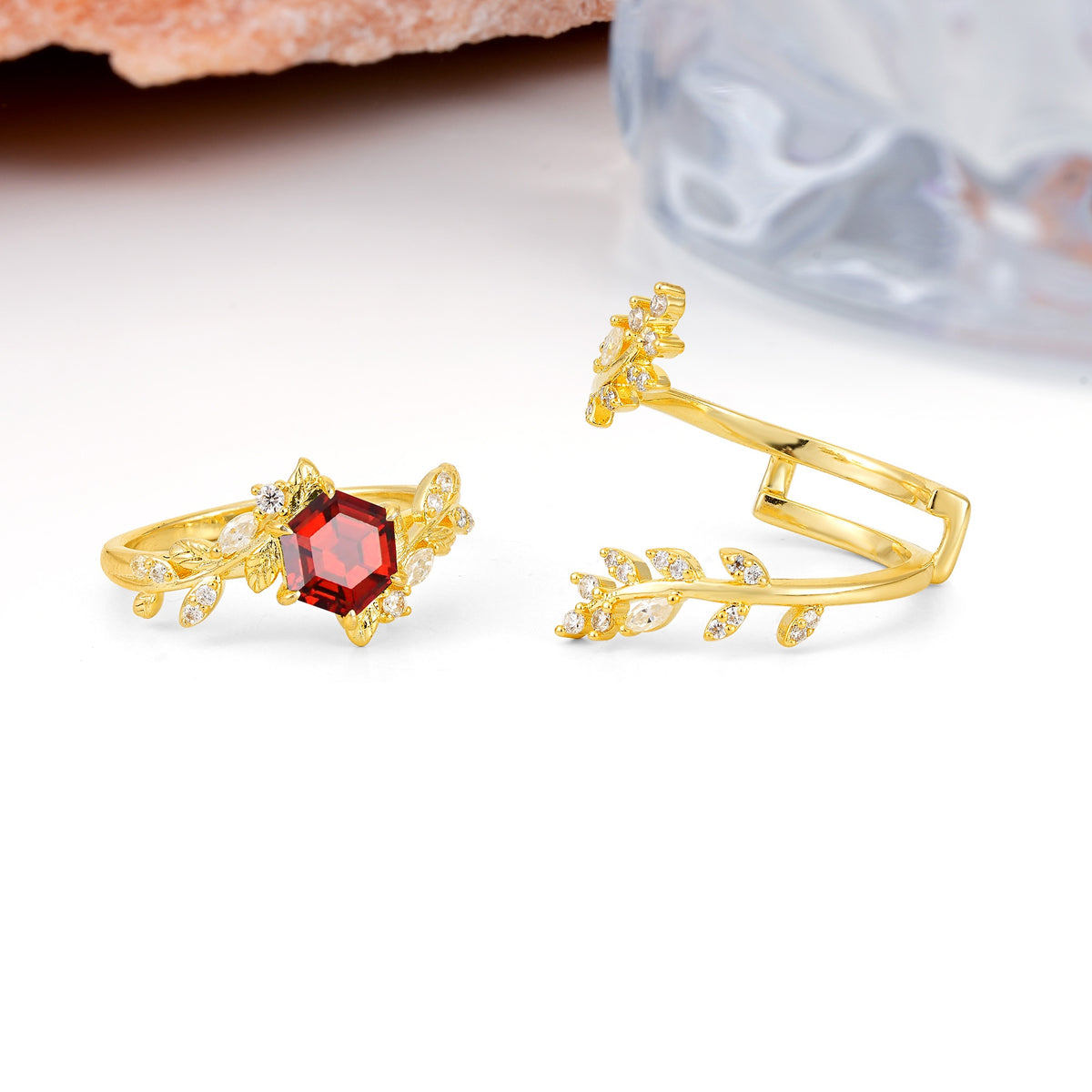 Nature-Inspired Luxury: 6-Prong Hexagonal Cut Garnet Bridal Ring Set - Additional view
