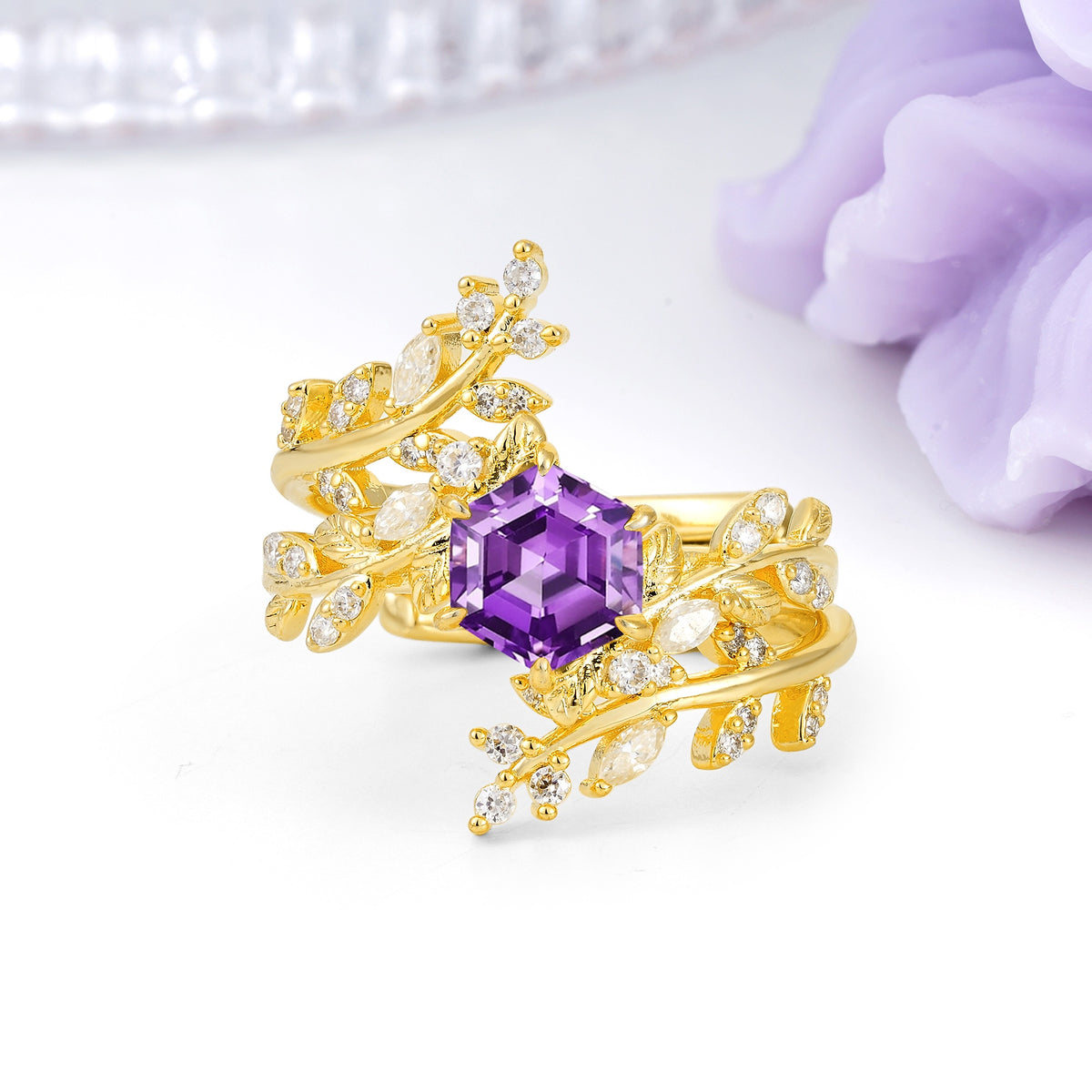 Nature-Inspired Luxury: 6-Prong Hexagonal Cut Amethyst Bridal Ring Set - Additional view