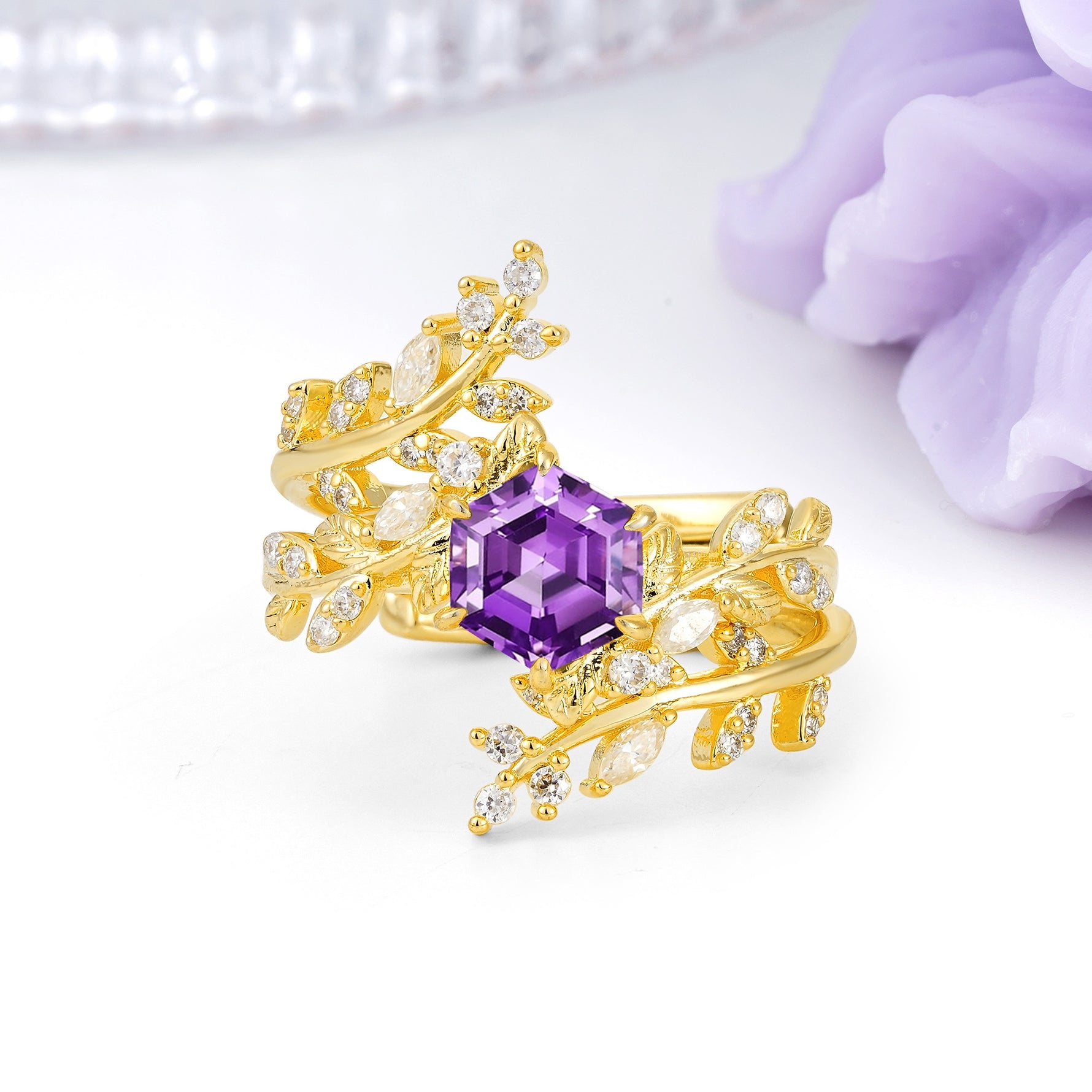 Nature-Inspired Luxury: 6-Prong Hexagonal Cut Amethyst Bridal Ring Set - Additional view