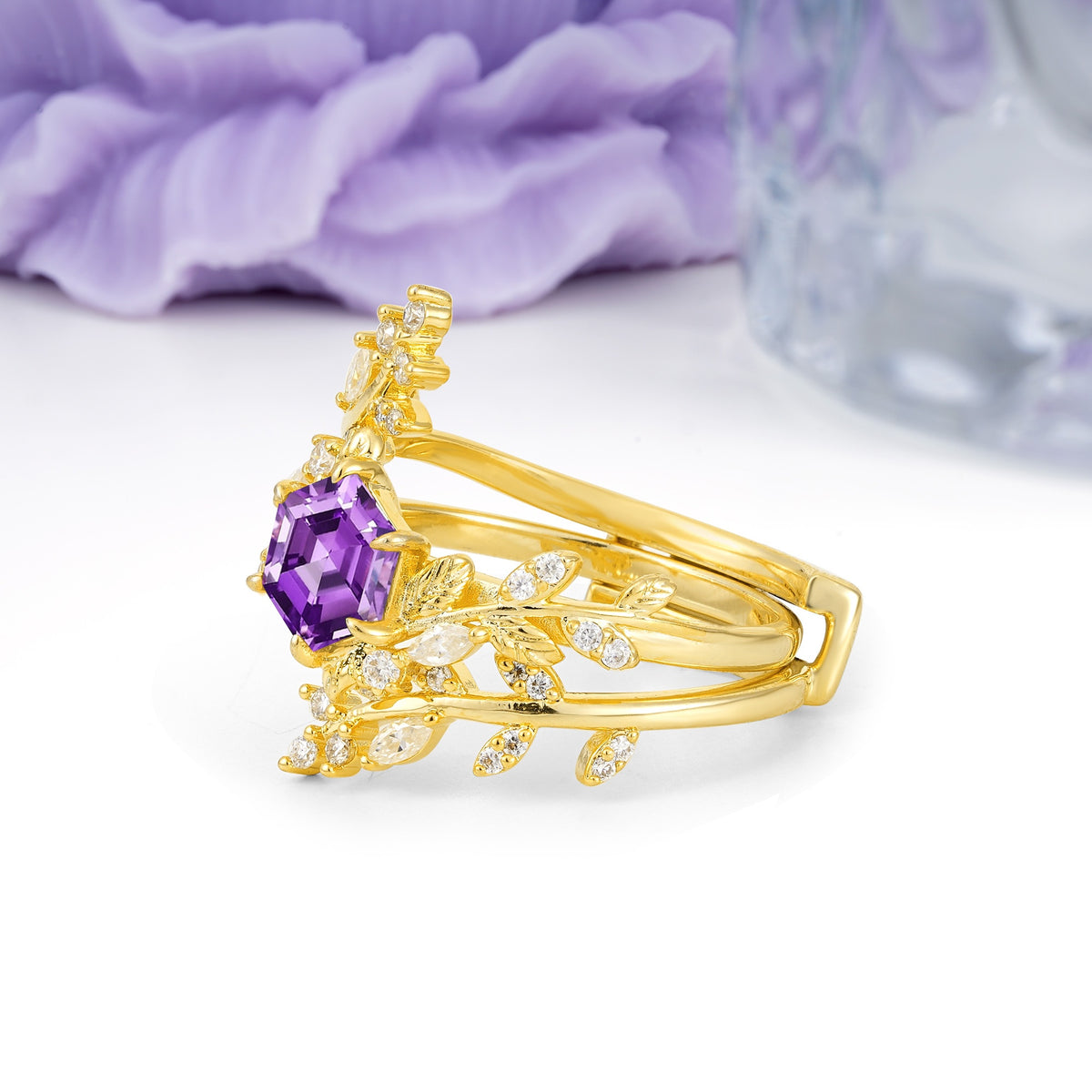 Nature-Inspired Luxury: 6-Prong Hexagonal Cut Amethyst Bridal Ring Set - Additional view