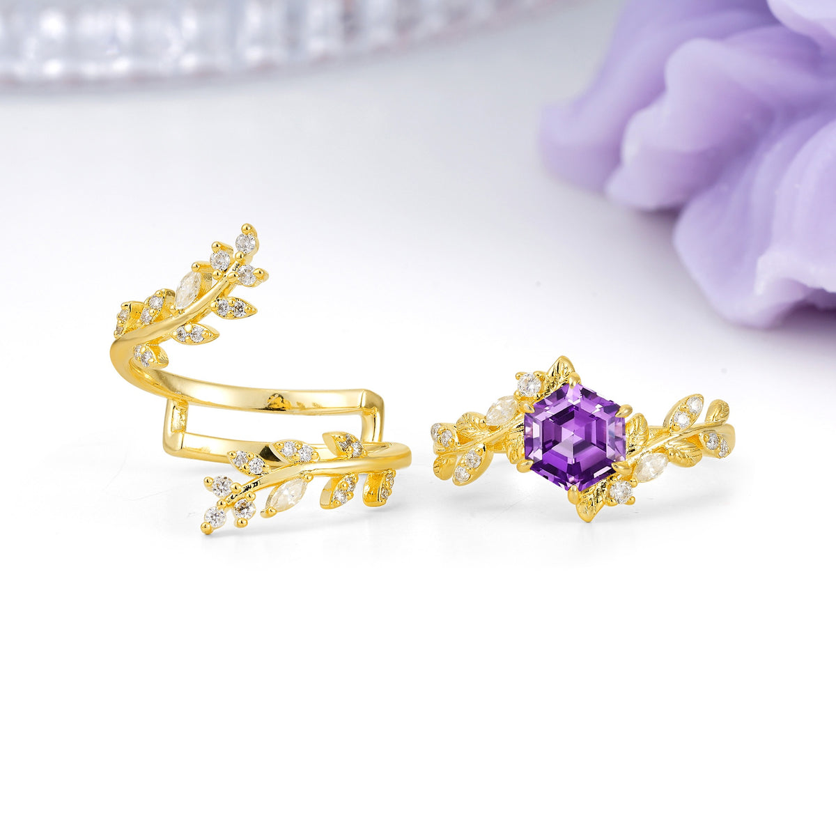 Nature-Inspired Luxury: 6-Prong Hexagonal Cut Amethyst Bridal Ring Set - Additional view