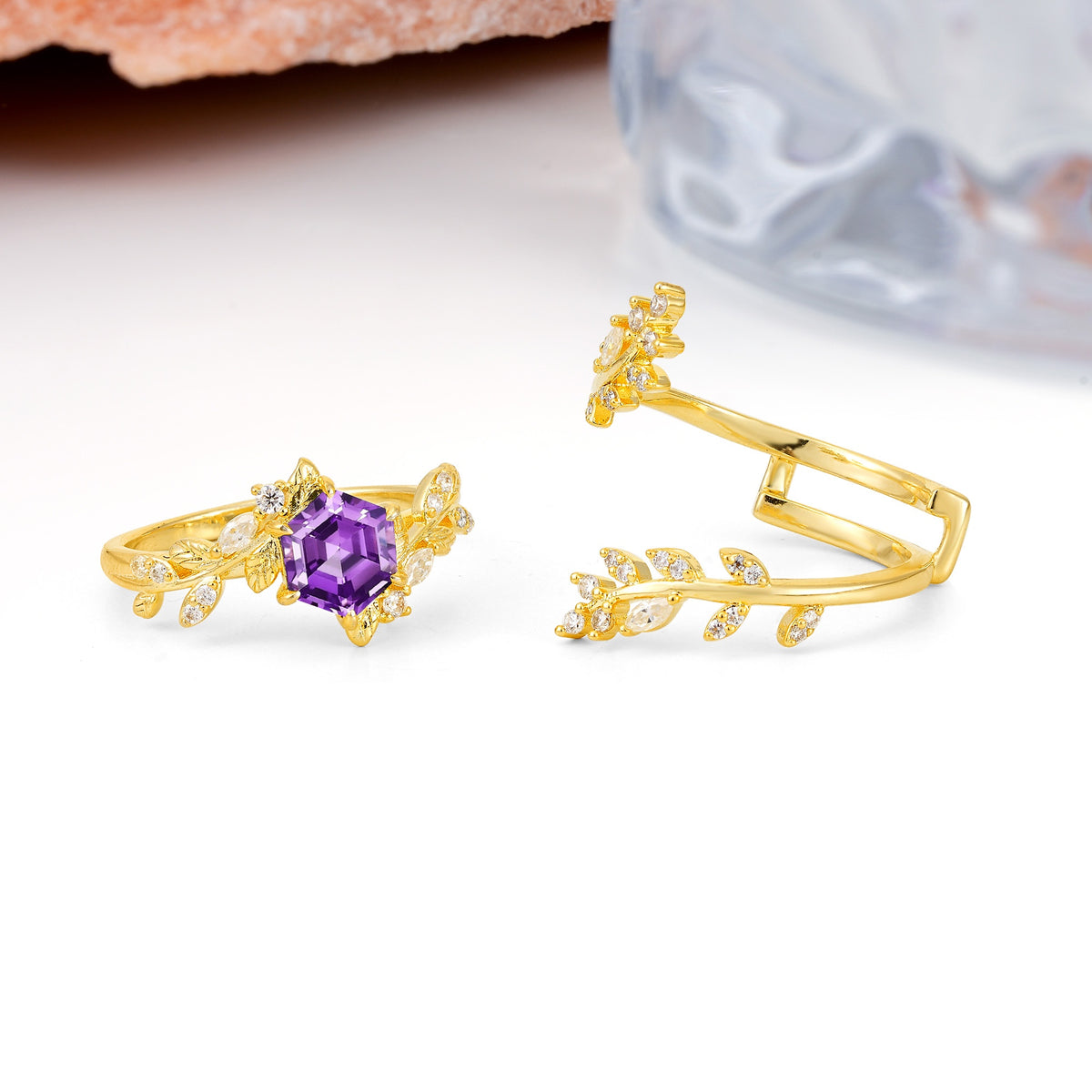 Nature-Inspired Luxury: 6-Prong Hexagonal Cut Amethyst Bridal Ring Set - Additional view