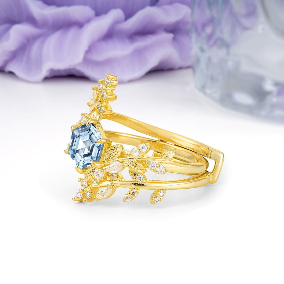 Nature-Inspired Luxury: 6-Prong Hexagonal Cut Aquamarine Bridal Ring Set - Additional view