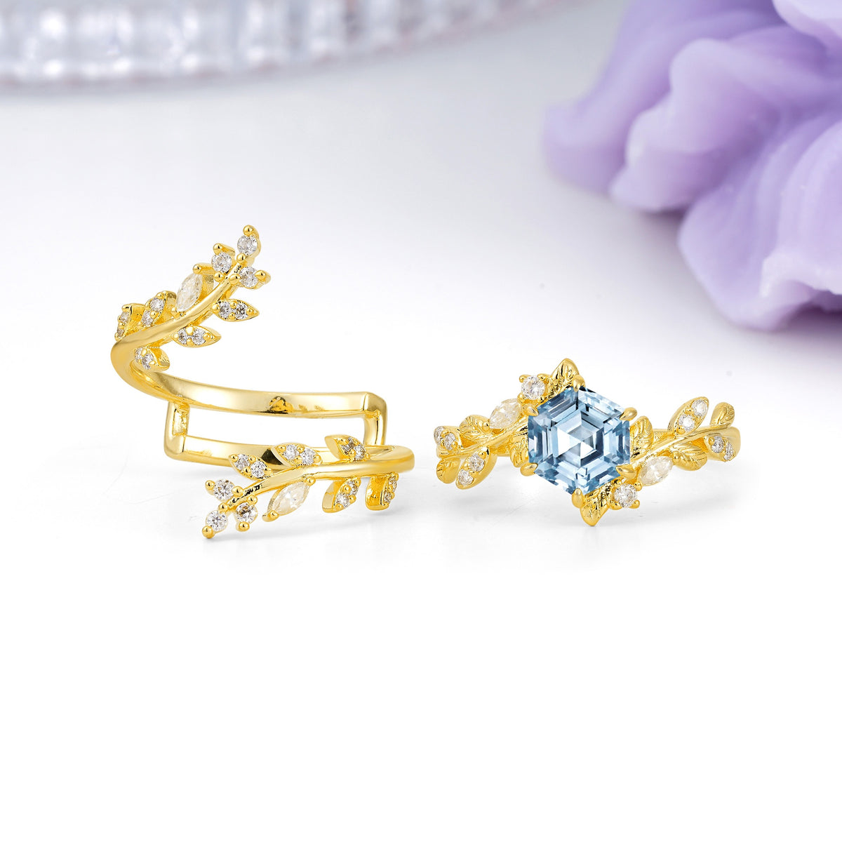 Nature-Inspired Luxury: 6-Prong Hexagonal Cut Aquamarine Bridal Ring Set - Additional view