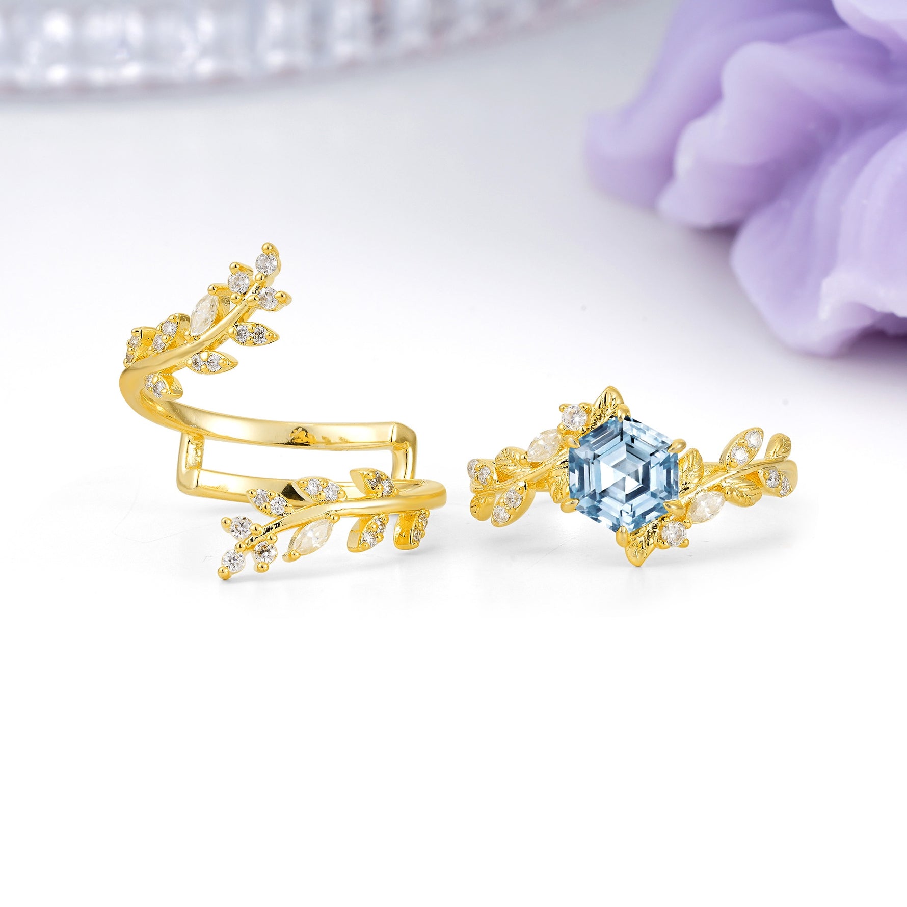 Nature-Inspired Luxury: 6-Prong Hexagonal Cut Aquamarine Bridal Ring Set - Additional view
