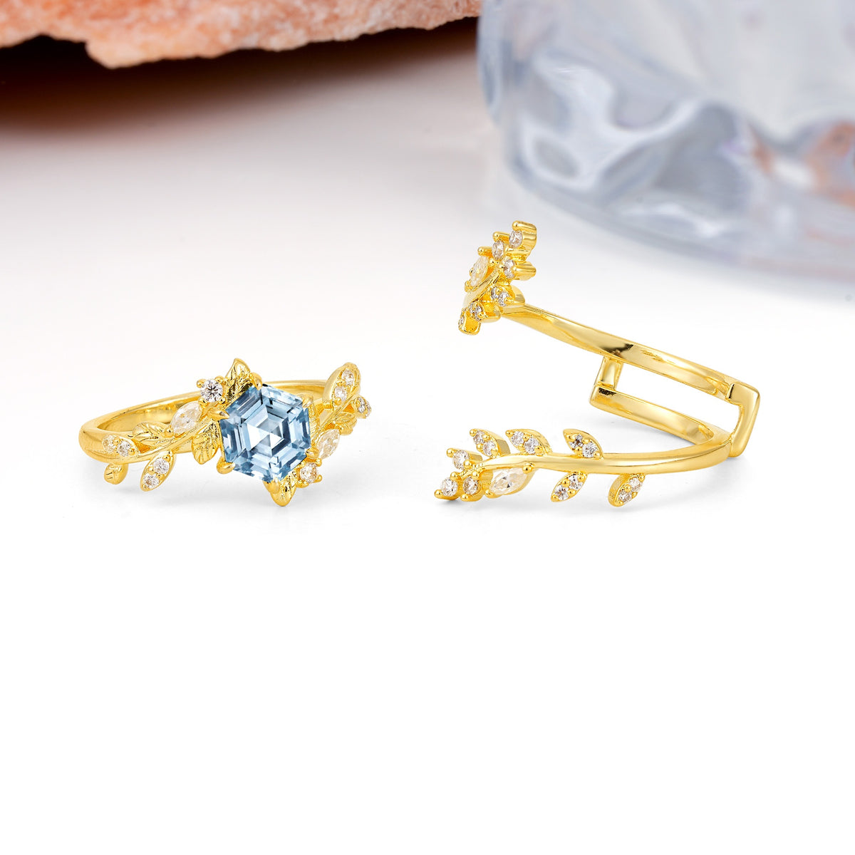 Nature-Inspired Luxury: 6-Prong Hexagonal Cut Aquamarine Bridal Ring Set - Additional view
