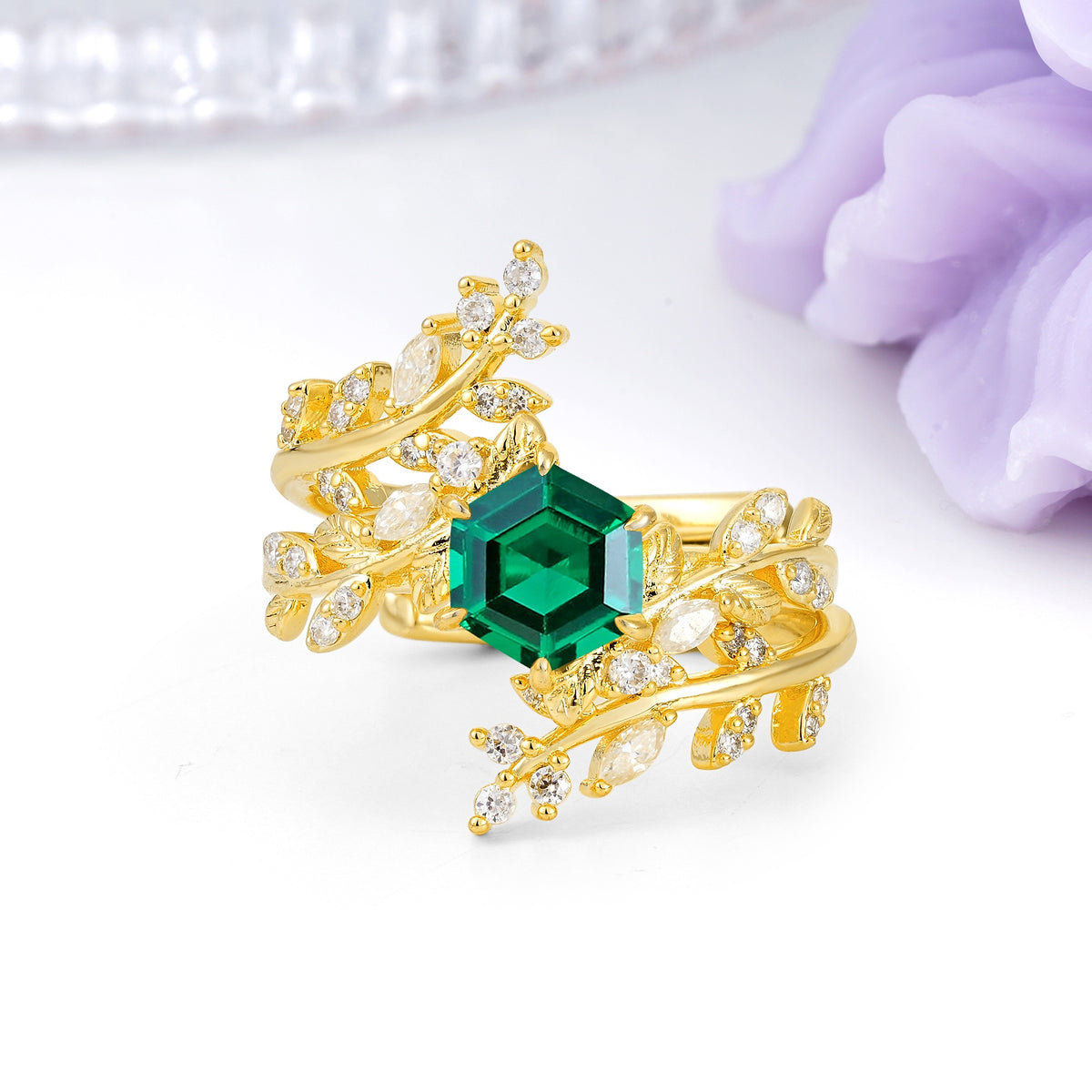Nature-Inspired Luxury: 6-Prong Hexagonal Cut Emerald Bridal Ring Set - Additional view