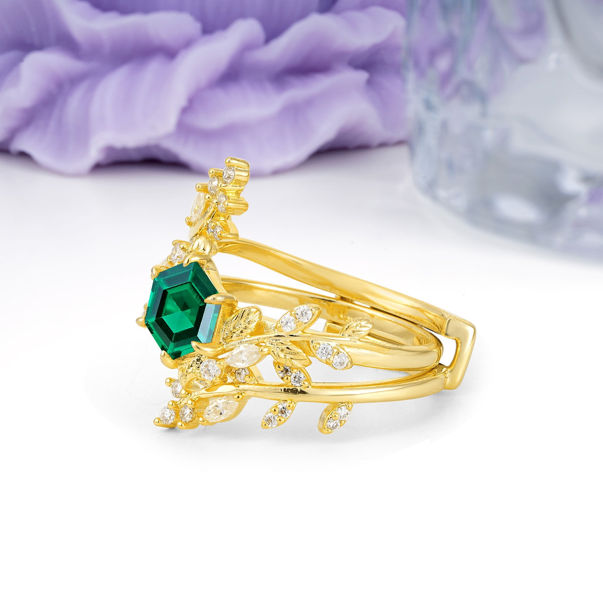 Nature-Inspired Luxury: 6-Prong Hexagonal Cut Emerald Bridal Ring Set - Additional view