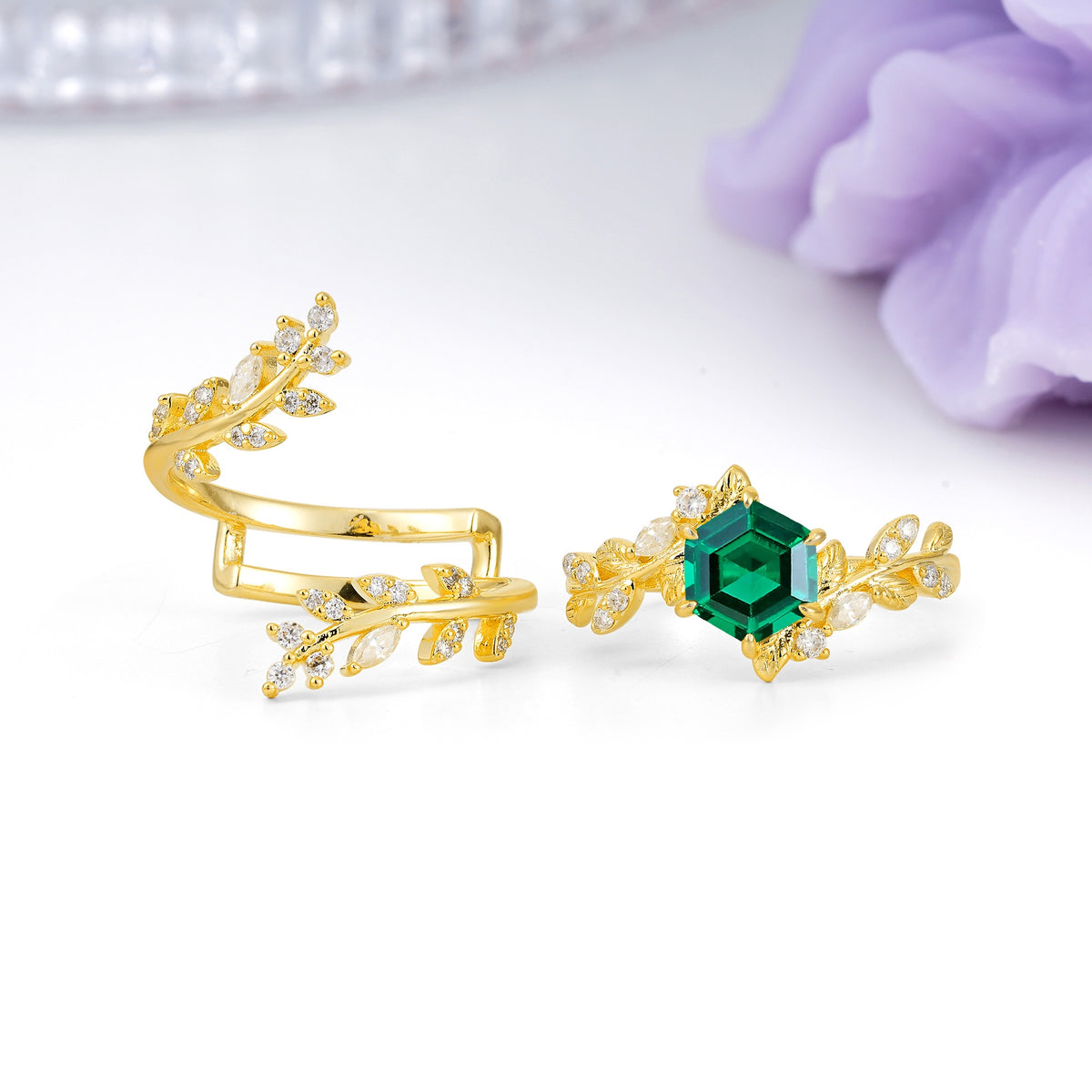 Nature-Inspired Luxury: 6-Prong Hexagonal Cut Emerald Bridal Ring Set - Additional view