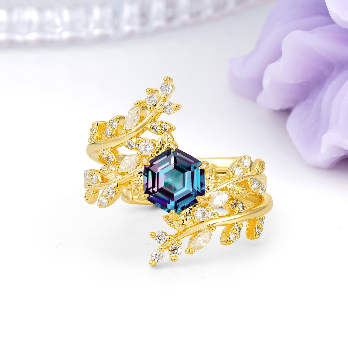 Nature-Inspired Luxury: 6-Prong Hexagonal Cut Alexandrite Bridal Ring Set - Additional view