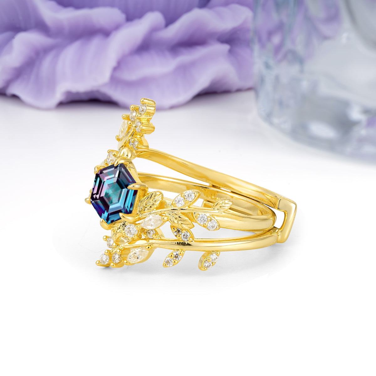 Nature-Inspired Luxury: 6-Prong Hexagonal Cut Alexandrite Bridal Ring Set - Additional view