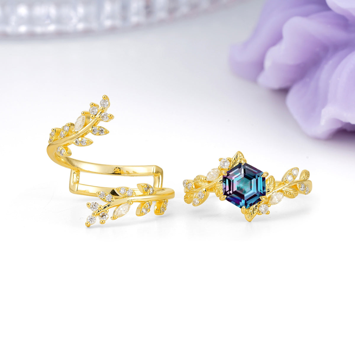 Nature-Inspired Luxury: 6-Prong Hexagonal Cut Alexandrite Bridal Ring Set - Additional view