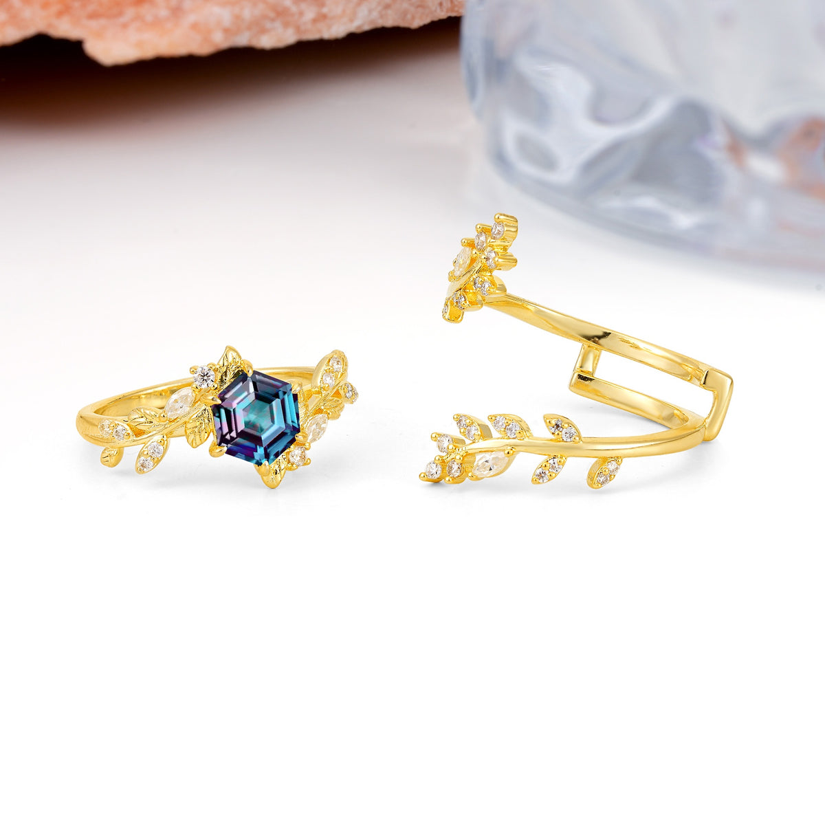 Nature-Inspired Luxury: 6-Prong Hexagonal Cut Alexandrite Bridal Ring Set - Additional view