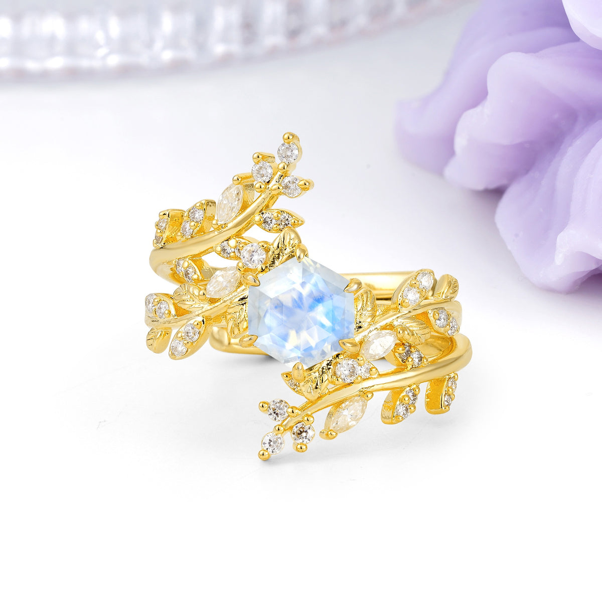Nature-Inspired Luxury: 6-Prong Hexagonal Cut Moonstone Bridal Ring Set - Additional view