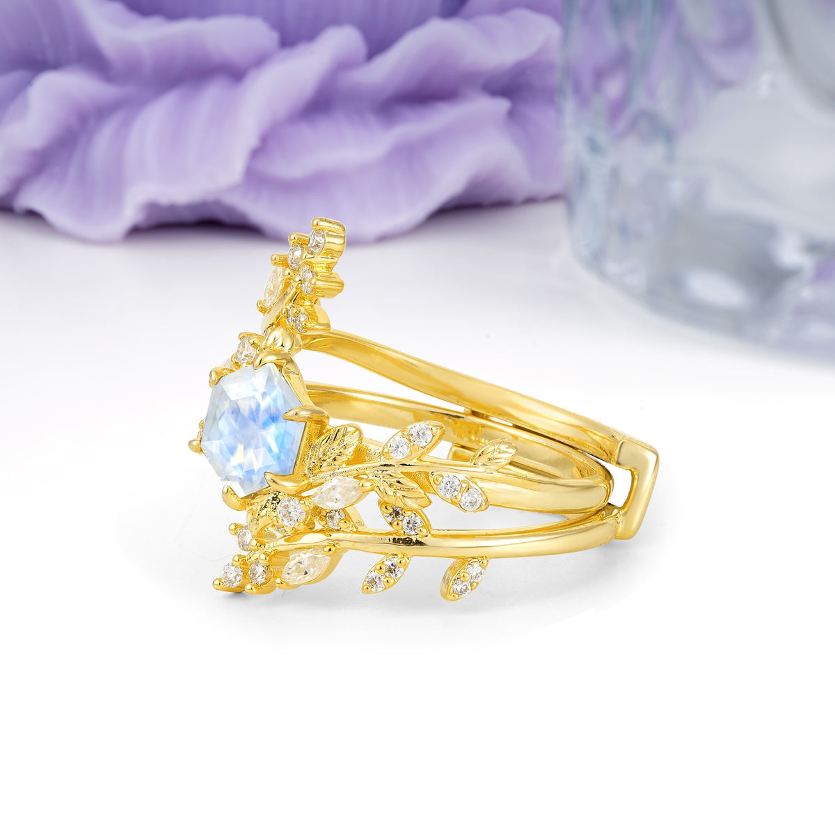 Nature-Inspired Luxury: 6-Prong Hexagonal Cut Moonstone Bridal Ring Set - Additional view
