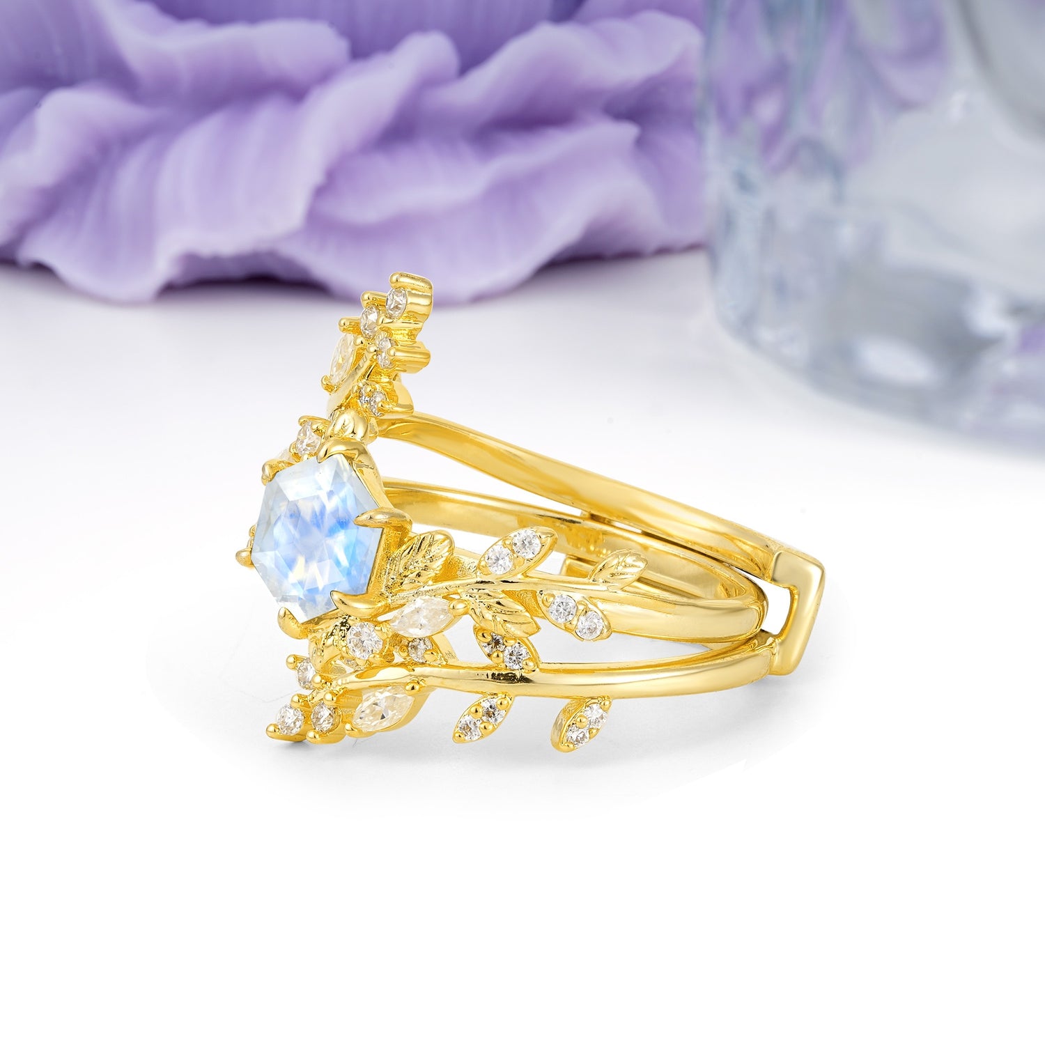 Nature-Inspired Luxury: 6-Prong Hexagonal Cut Moonstone Bridal Ring Set - Additional view