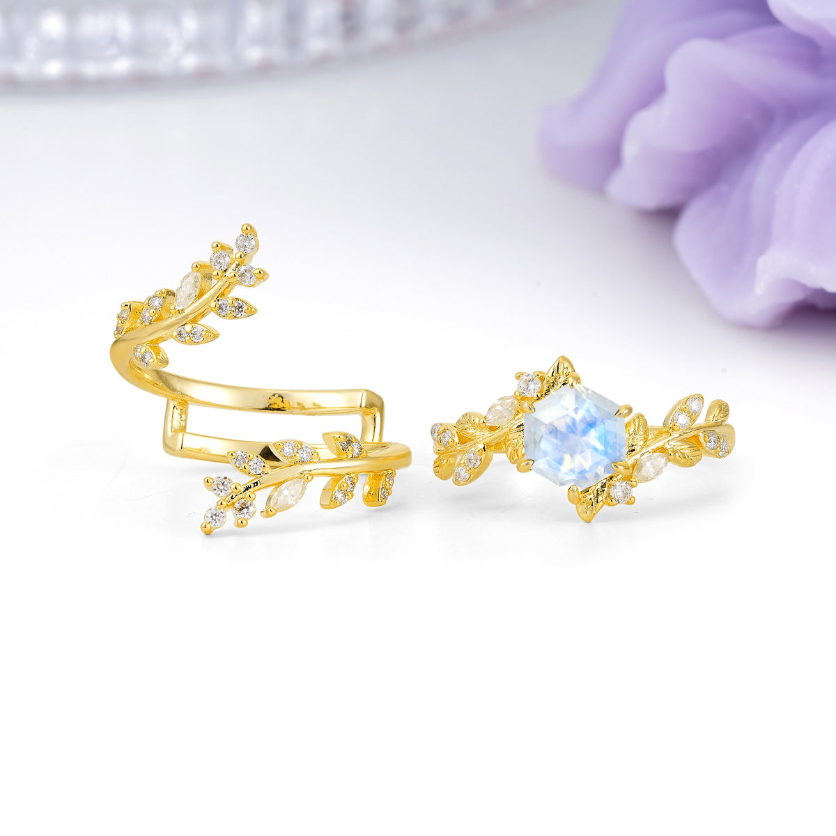 Nature-Inspired Luxury: 6-Prong Hexagonal Cut Moonstone Bridal Ring Set - Additional view