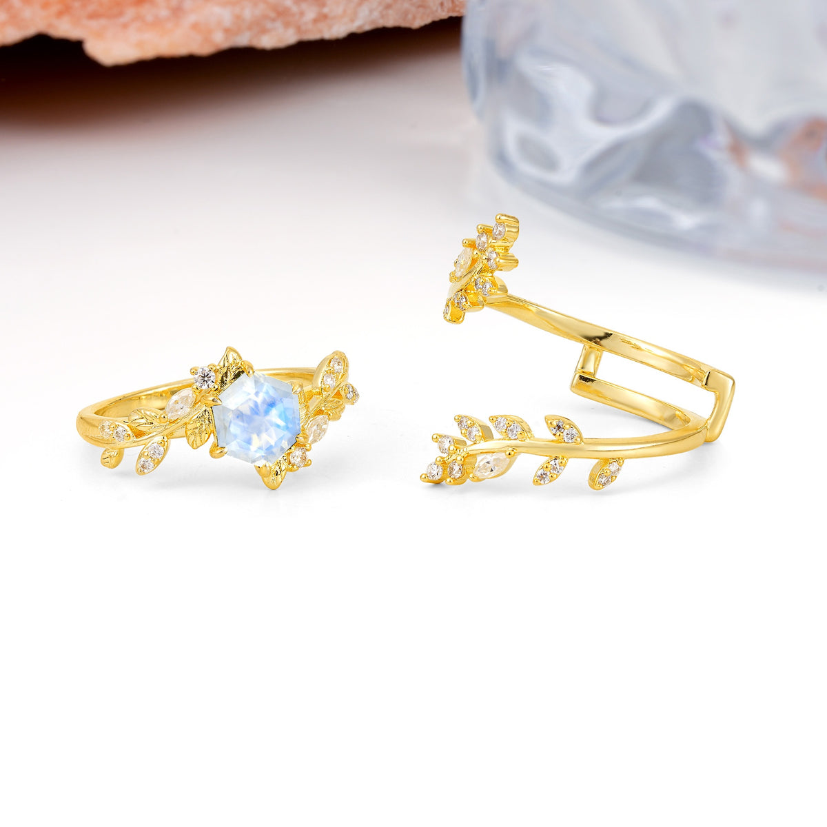 Nature-Inspired Luxury: 6-Prong Hexagonal Cut Moonstone Bridal Ring Set - Additional view