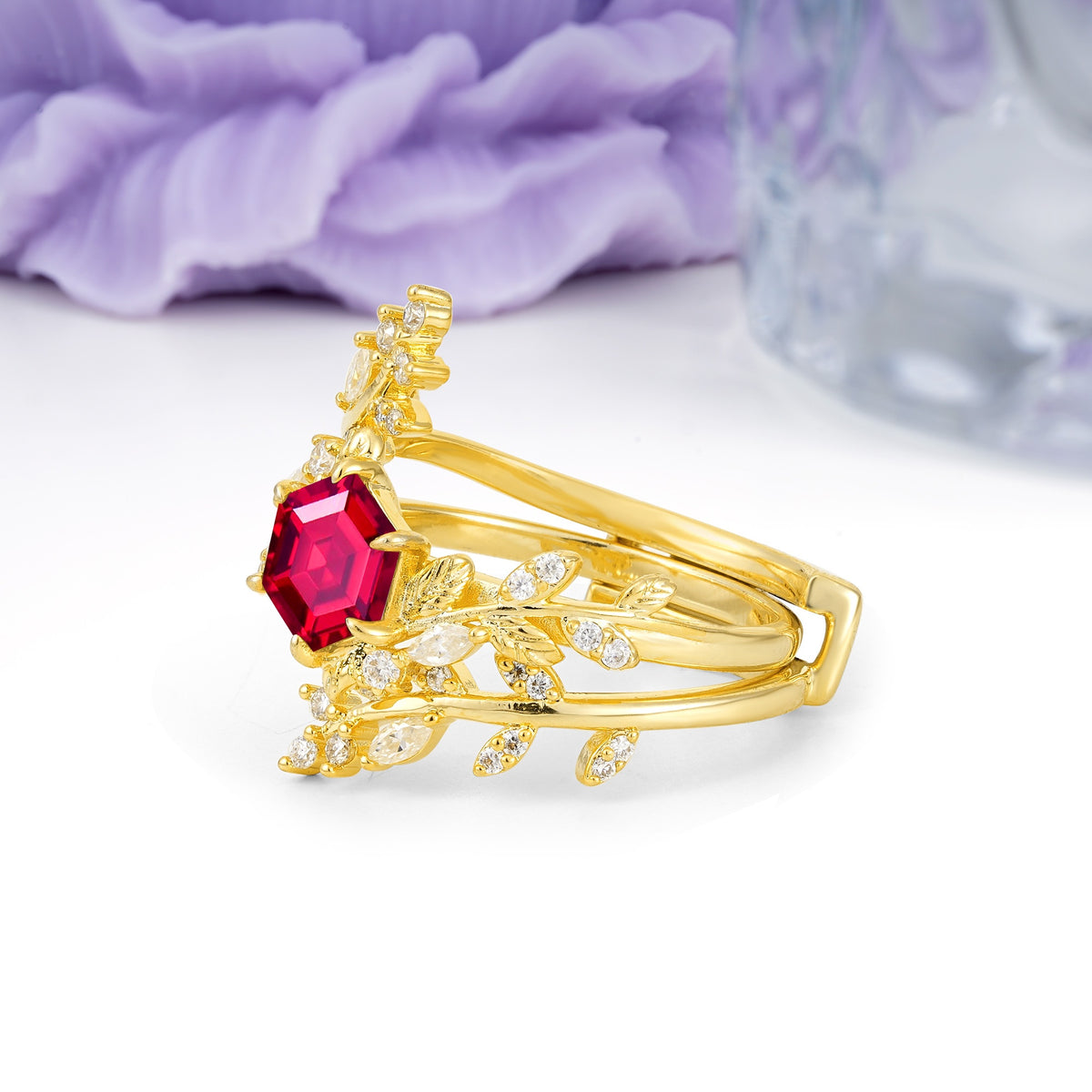 Nature-Inspired Luxury: 6-Prong Hexagonal Cut Ruby Bridal Ring Set - Additional view