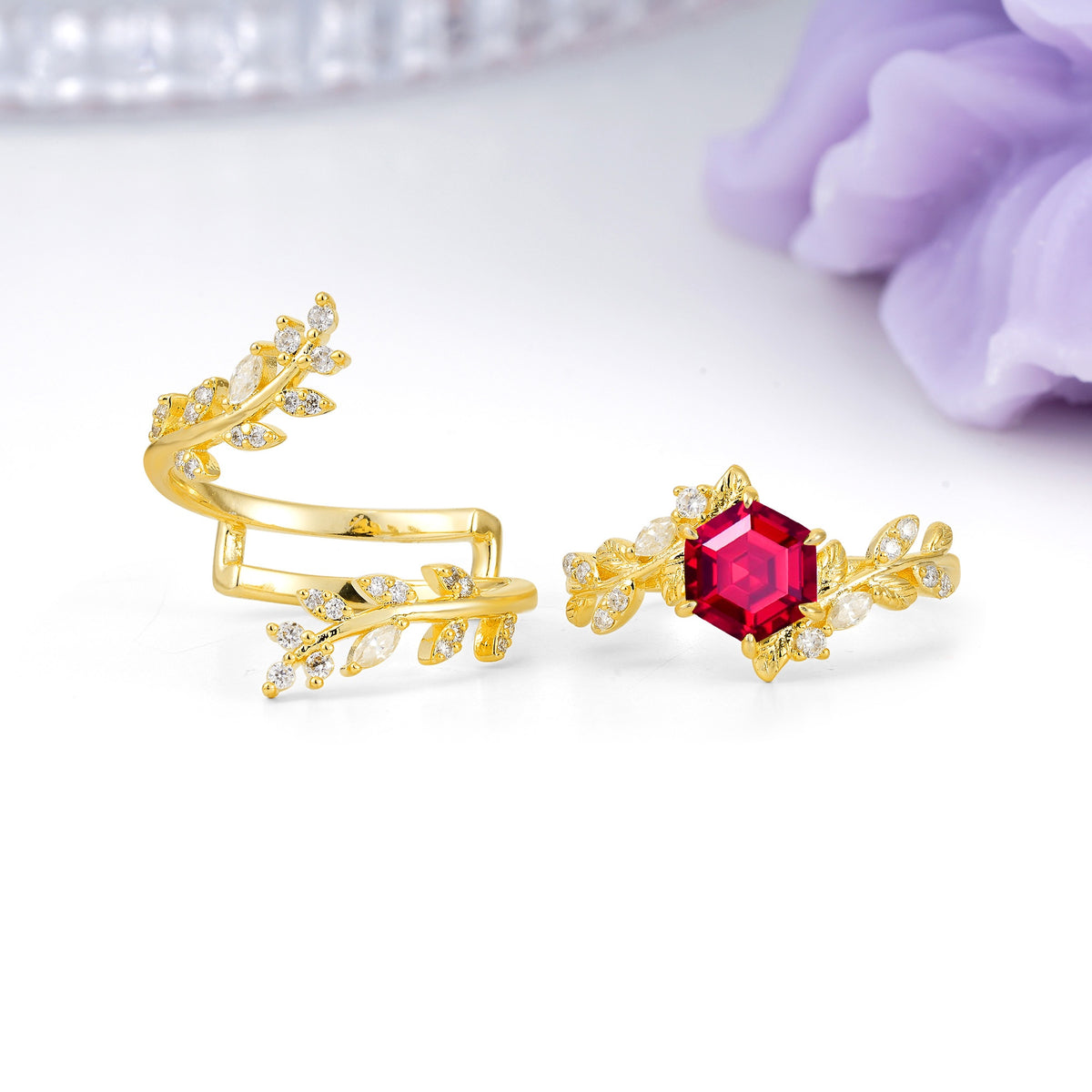 Nature-Inspired Luxury: 6-Prong Hexagonal Cut Ruby Bridal Ring Set - Additional view