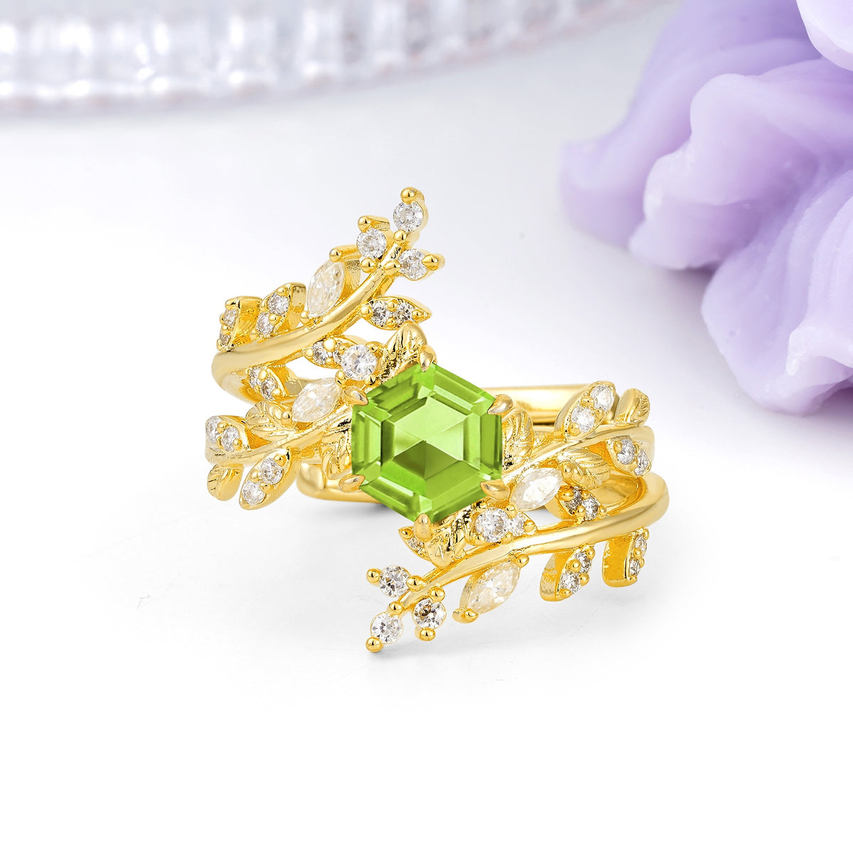 Nature-Inspired Luxury: 6-Prong Hexagonal Cut Peridot Bridal Ring Set - Additional view