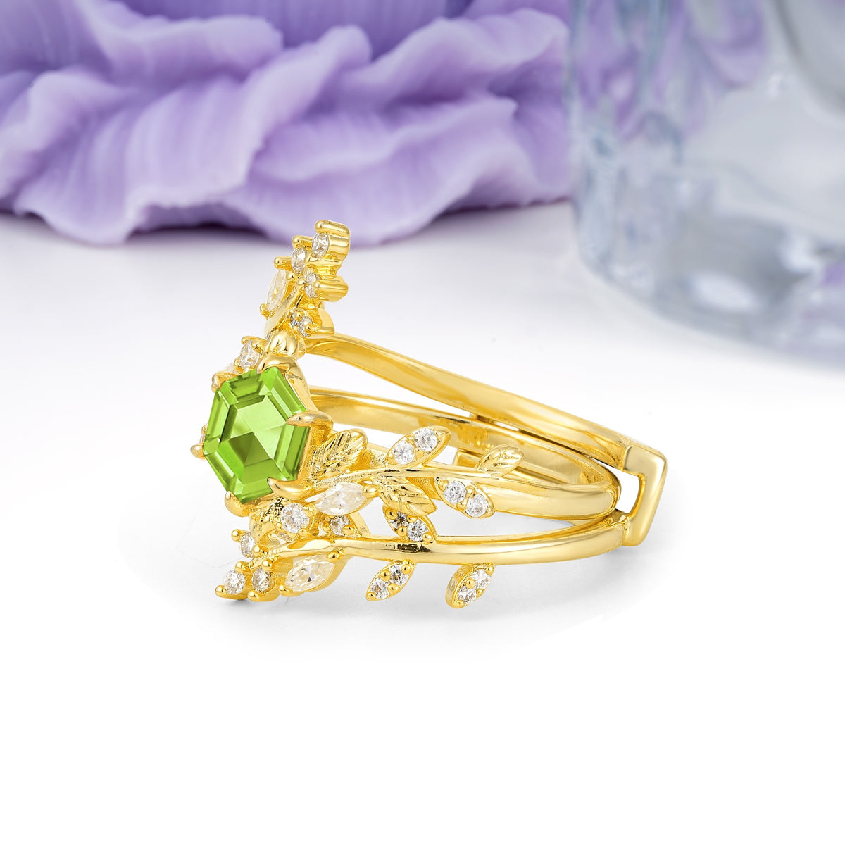 Nature-Inspired Luxury: 6-Prong Hexagonal Cut Peridot Bridal Ring Set - Additional view