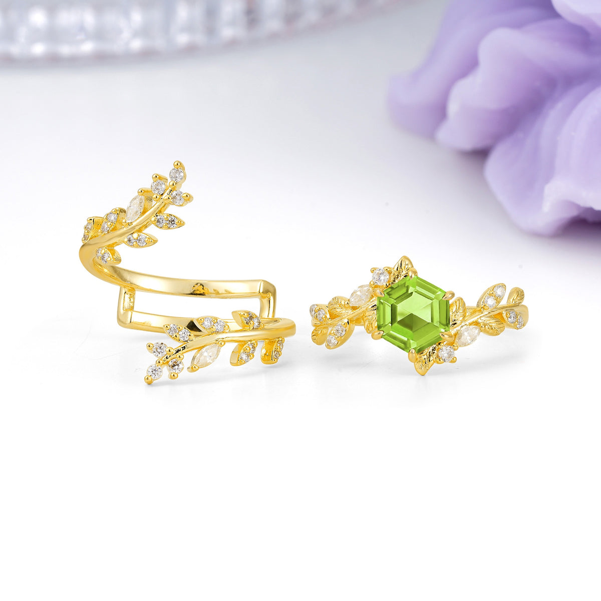 Nature-Inspired Luxury: 6-Prong Hexagonal Cut Peridot Bridal Ring Set - Additional view