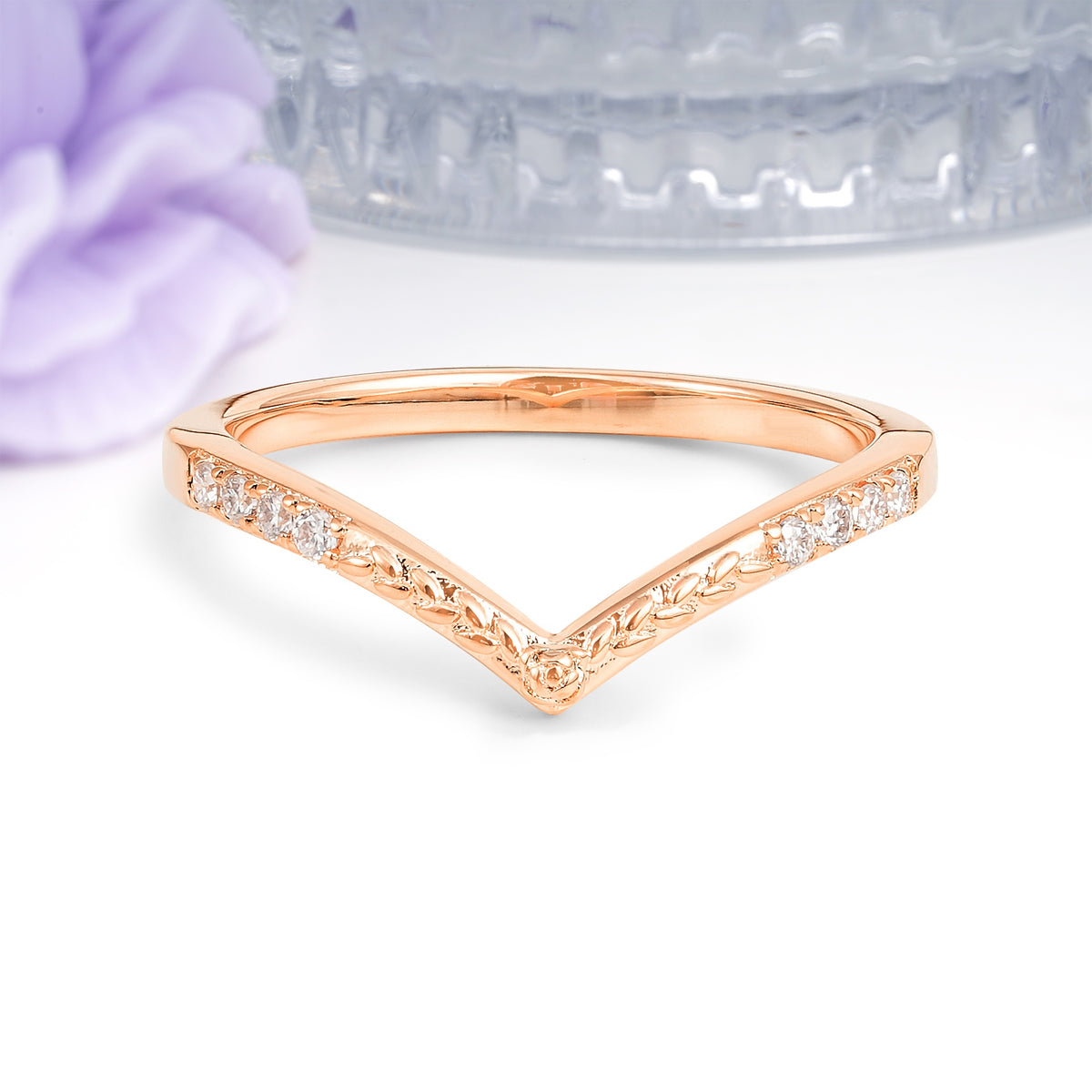 V Shaped Chevron Engraved Wheat Leaf Pave Side Moissanite Wedding Ring - Additional view