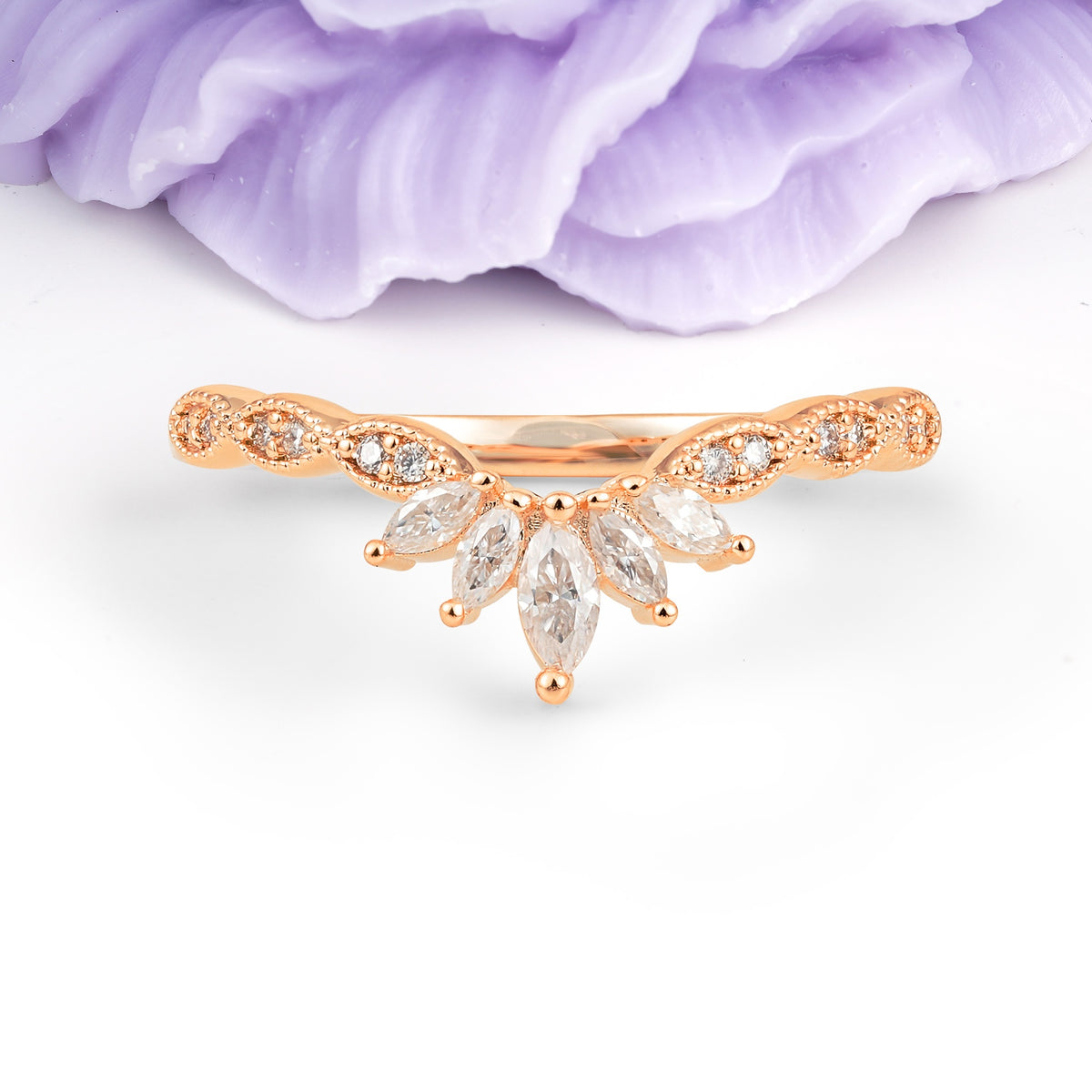 Luxurious Pave Setting with Unique 2-Prong Marquise Cut Moissanite Wedding Ring - Additional view