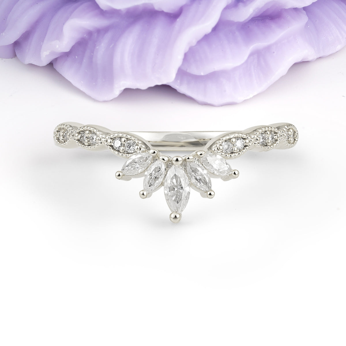 Luxurious Pave Setting with Unique 2-Prong Marquise Cut Moissanite Wedding Ring - Additional view