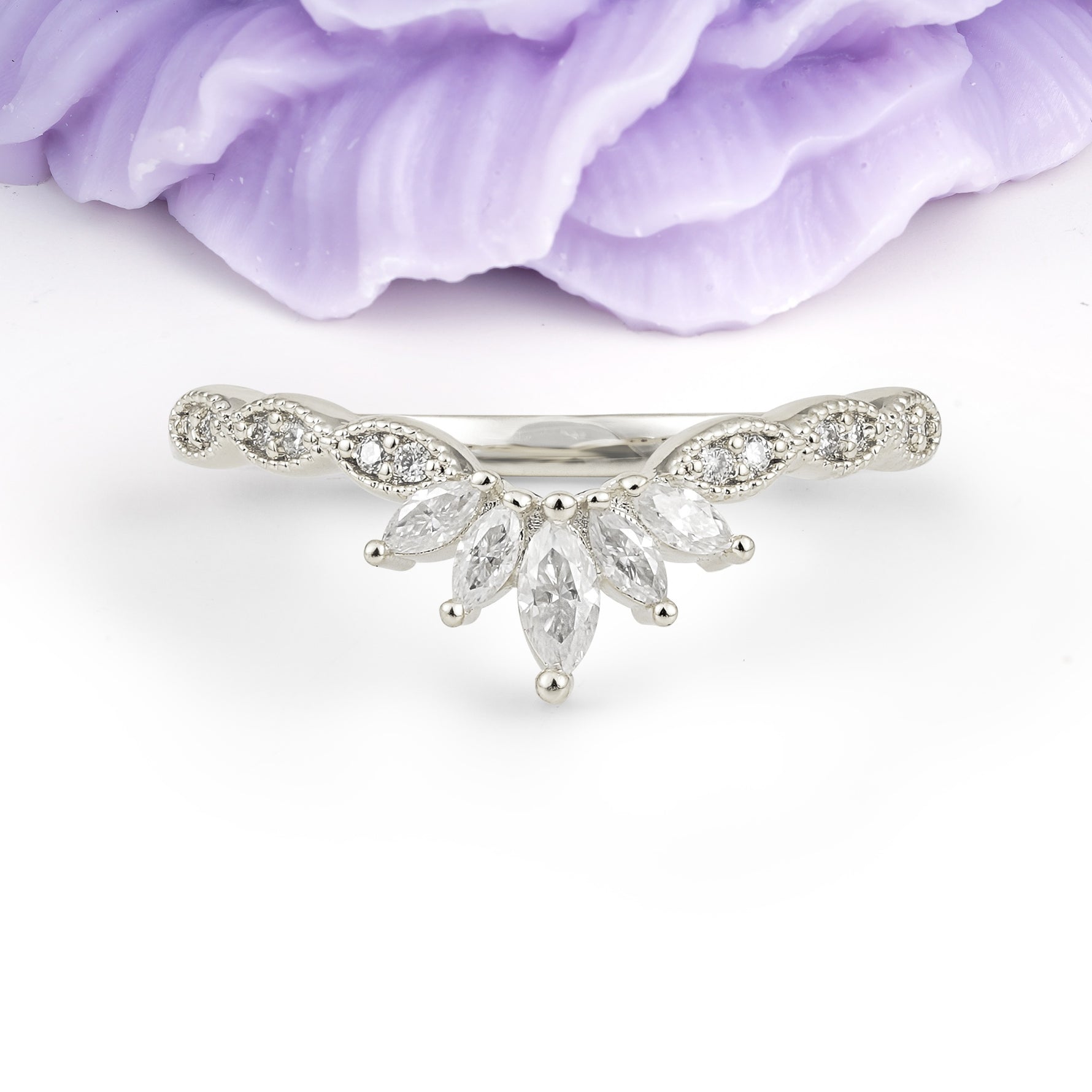Luxurious Pave Setting with Unique 2-Prong Marquise Cut Moissanite Wedding Ring - Additional view