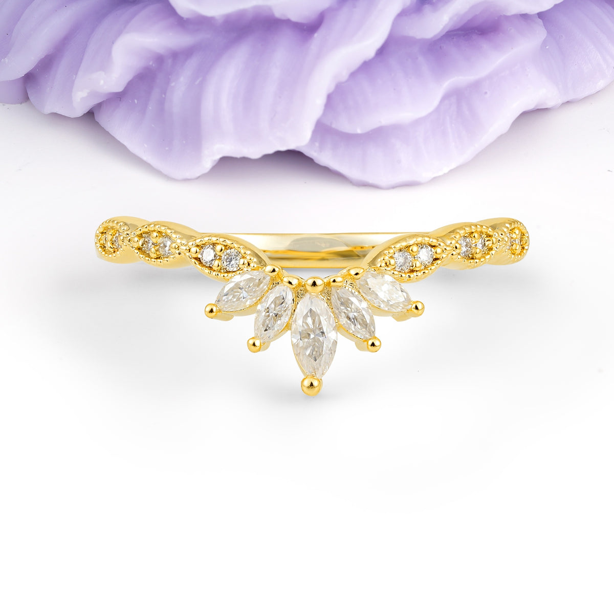 Luxurious Pave Setting with Unique 2-Prong Marquise Cut Moissanite Wedding Ring - Additional view