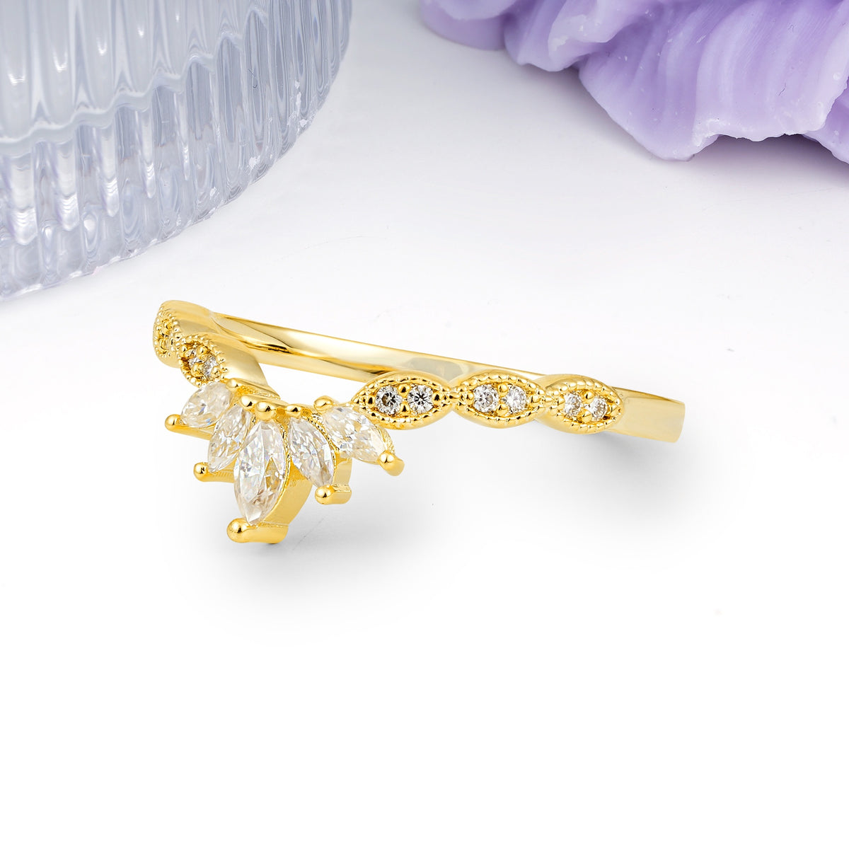 Luxurious Pave Setting with Unique 2-Prong Marquise Cut Moissanite Wedding Ring - Additional view