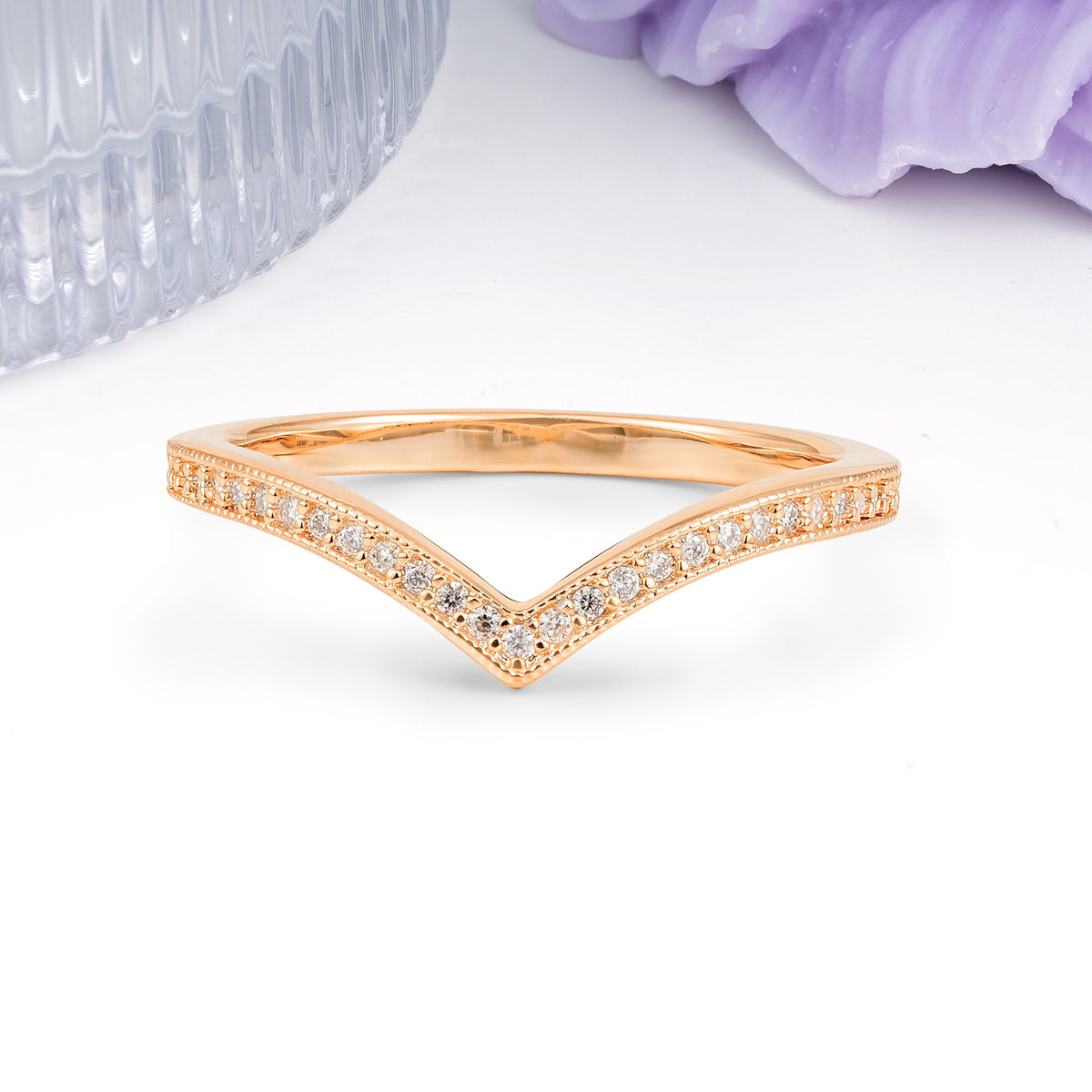 V Shaped Engraved Wheat Leaf Pave Side Moissanite Wedding Ring - Additional view
