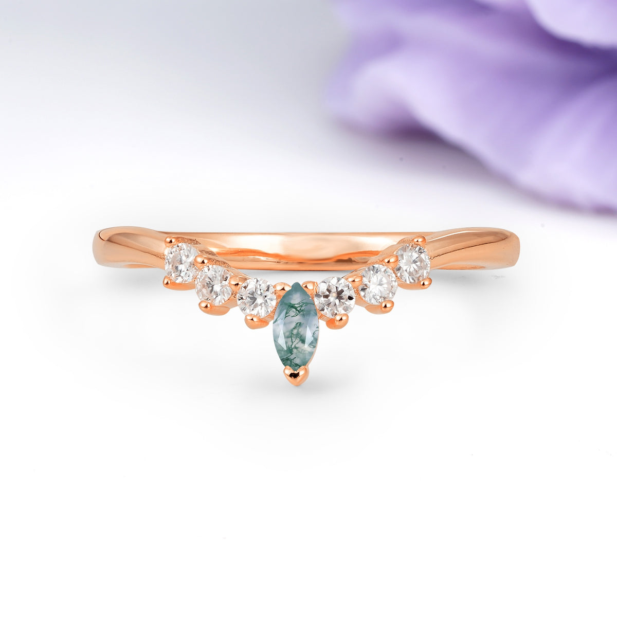 Classic, Minimalist 3-Prong Marquise Cut Moss Agate Wedding Ring - Additional view