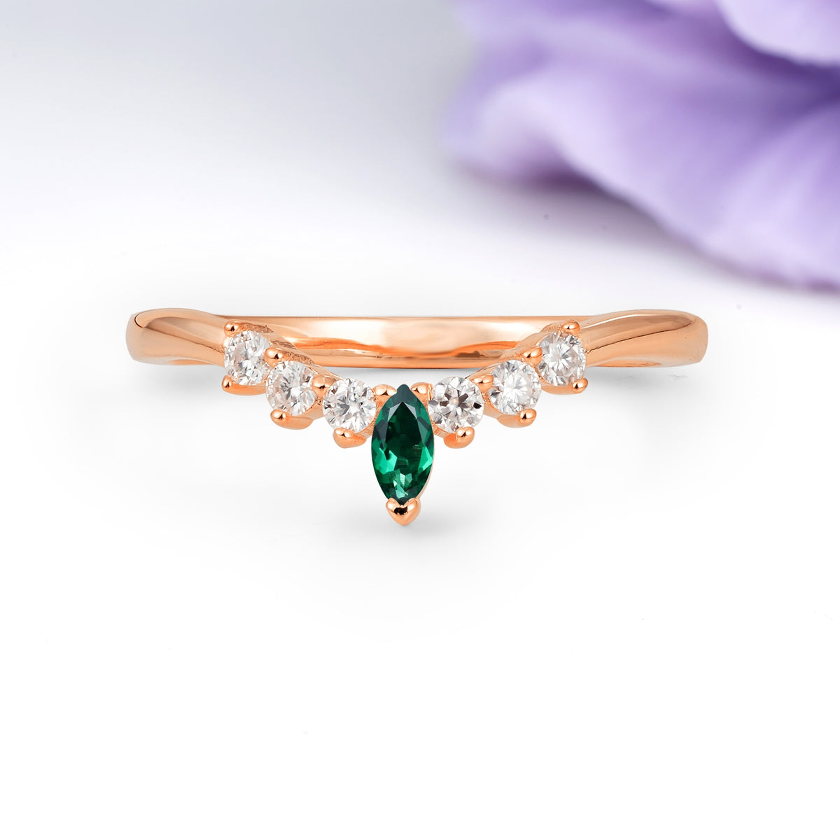 Classic, Minimalist 3-Prong Marquise Cut Emerald Wedding Ring - Additional view