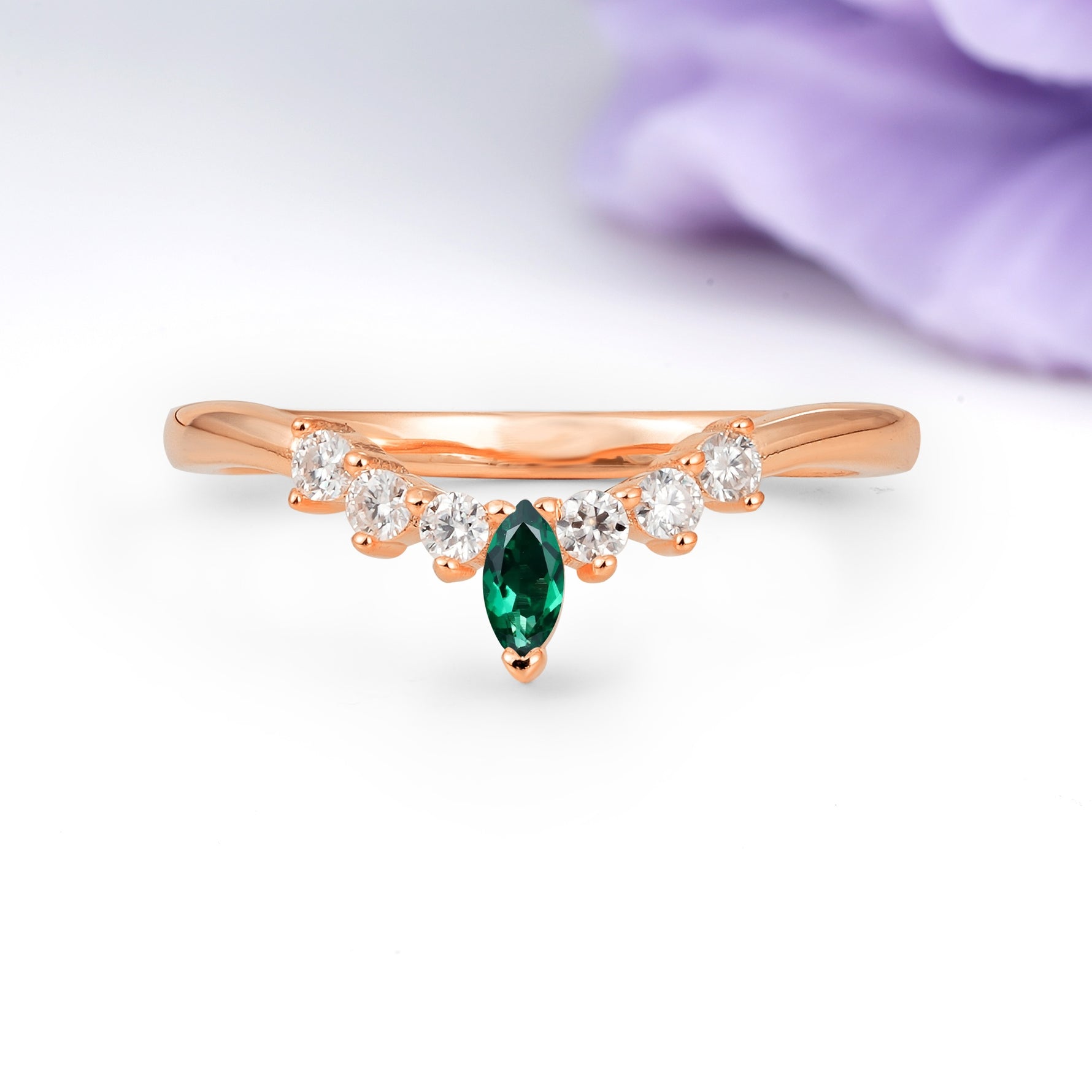 Classic, Minimalist 3-Prong Marquise Cut Emerald Wedding Ring - Additional view
